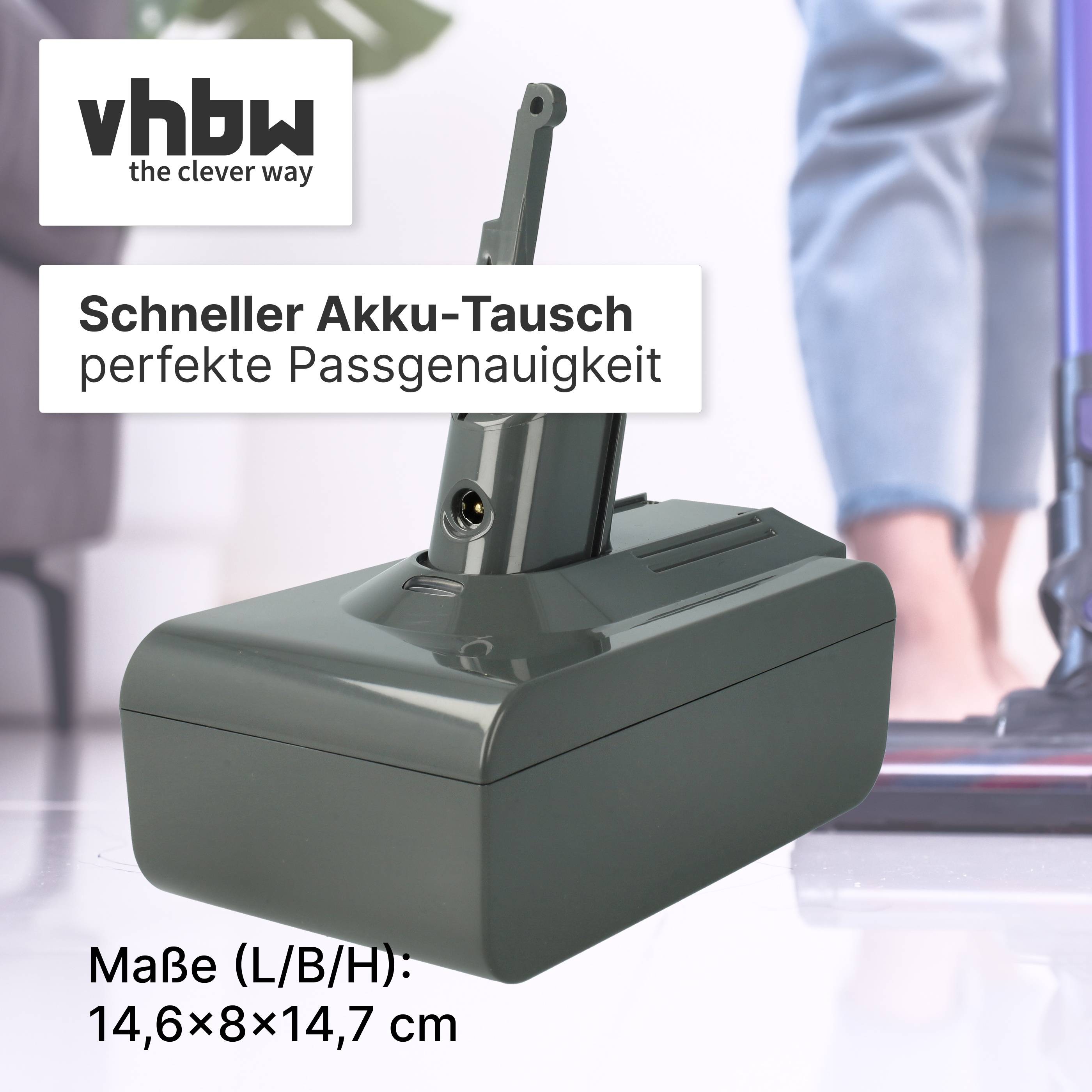 Grauer Akkupack mit abnehmbarem Magazin, mit der Aufschrift „Schneller Akku-Tausch, perfekte Passgenauigkeit"; Größe 14,6 x 8 x 14,7 cm; vhhw-Logo.