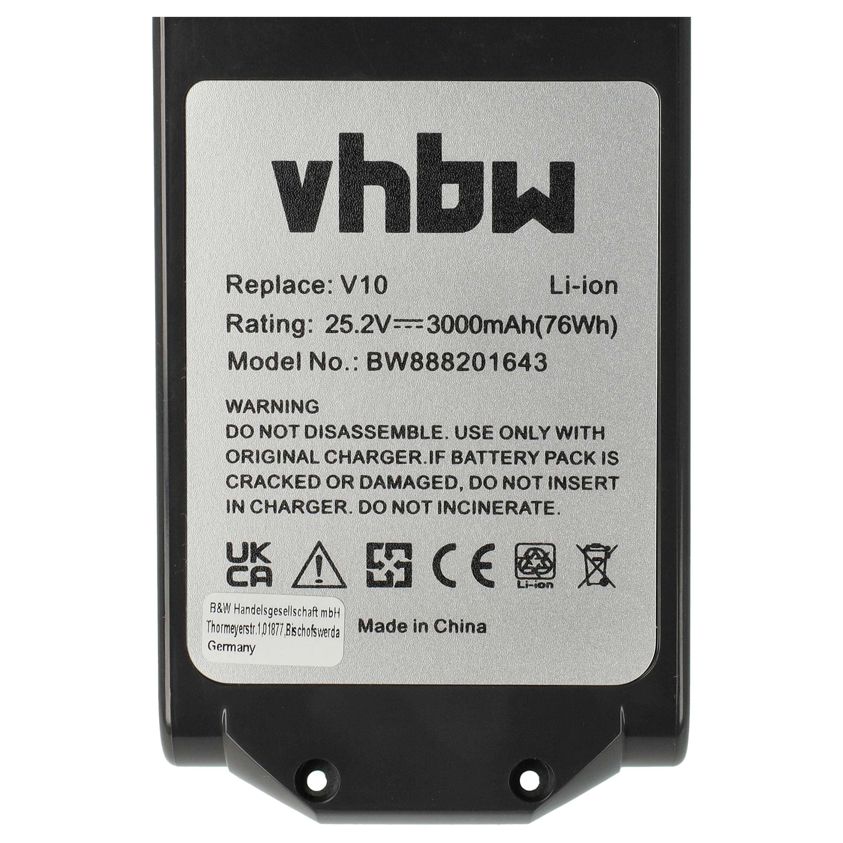 vhbw Akku kompatibel mit Dyson V10, Cyclone V10, V10 Absolute, V10 Animal, V10 Cyclone series Staubsauger Grau (3000 mAh, 25,2 V, Li-Ion)