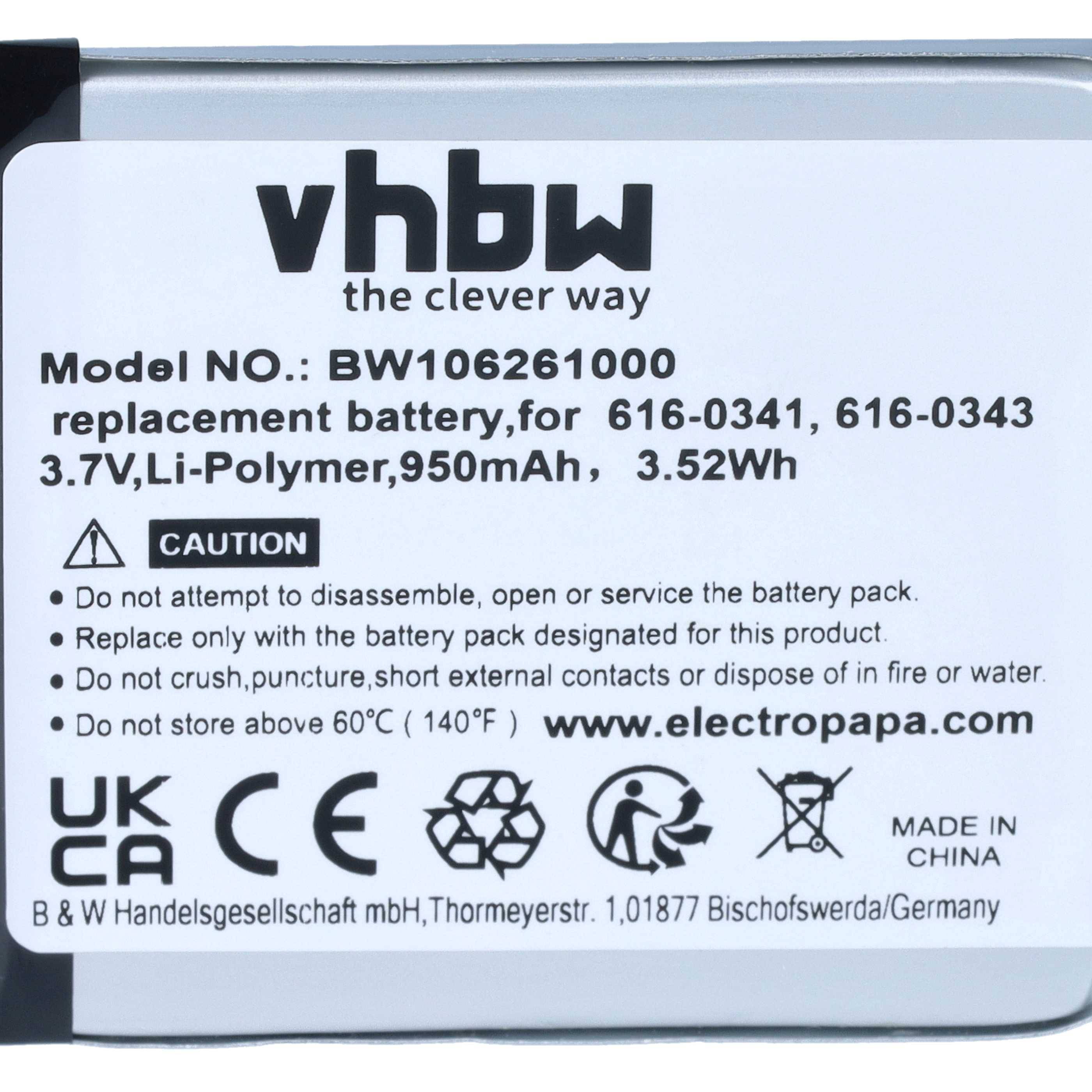 vhbw Ersatzbatterielabel mit Modellnummer BW106261000, 3,7V Li-Polymer 950mAh, mit Sicherheitswarnungen und Konformitätssymbolen.