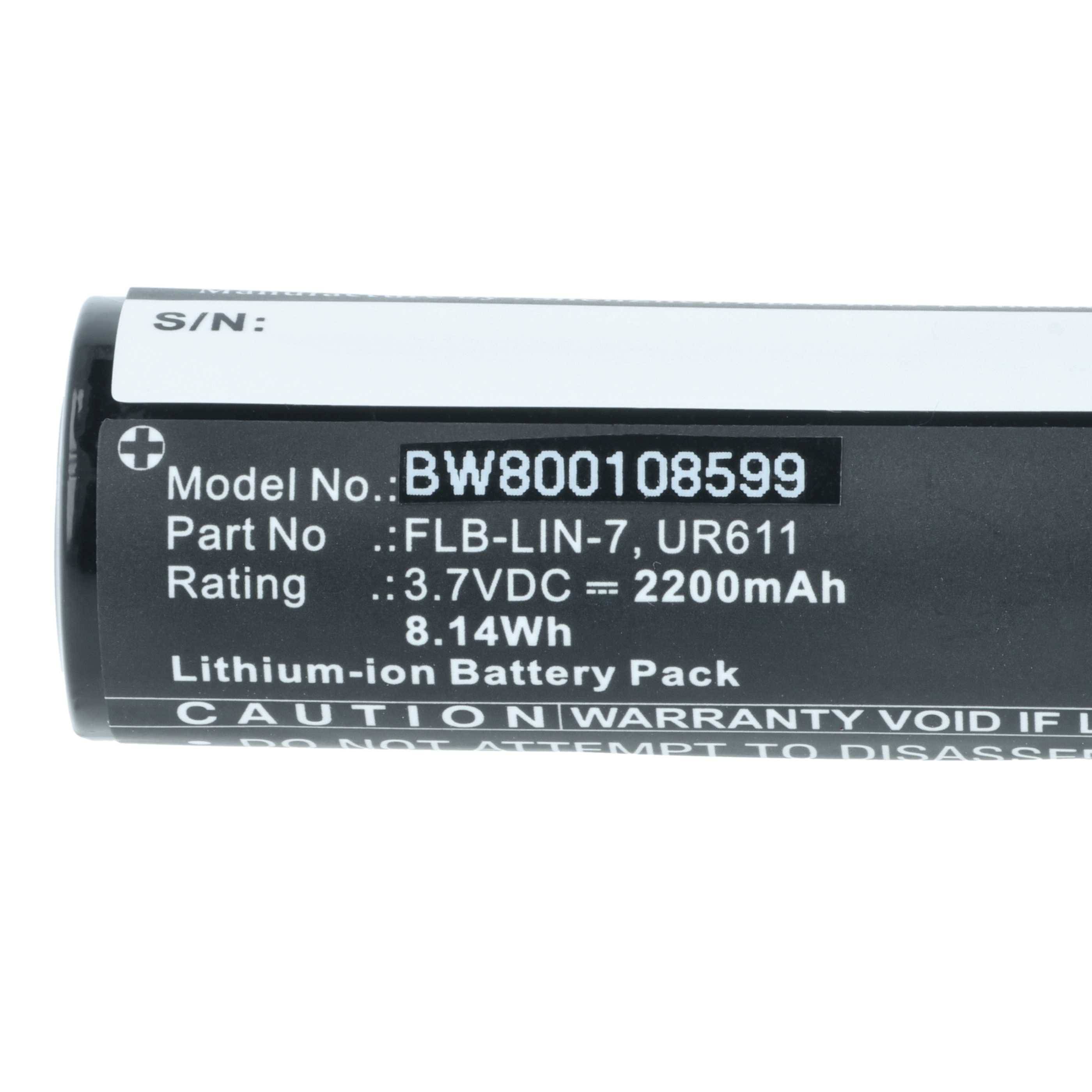 Batterie-Etikett mit Modell 'BW-LIN-007', Kapazität 2200mAh, Spannung 3,7V. Warnhinweis rät von Zerlegen ab.