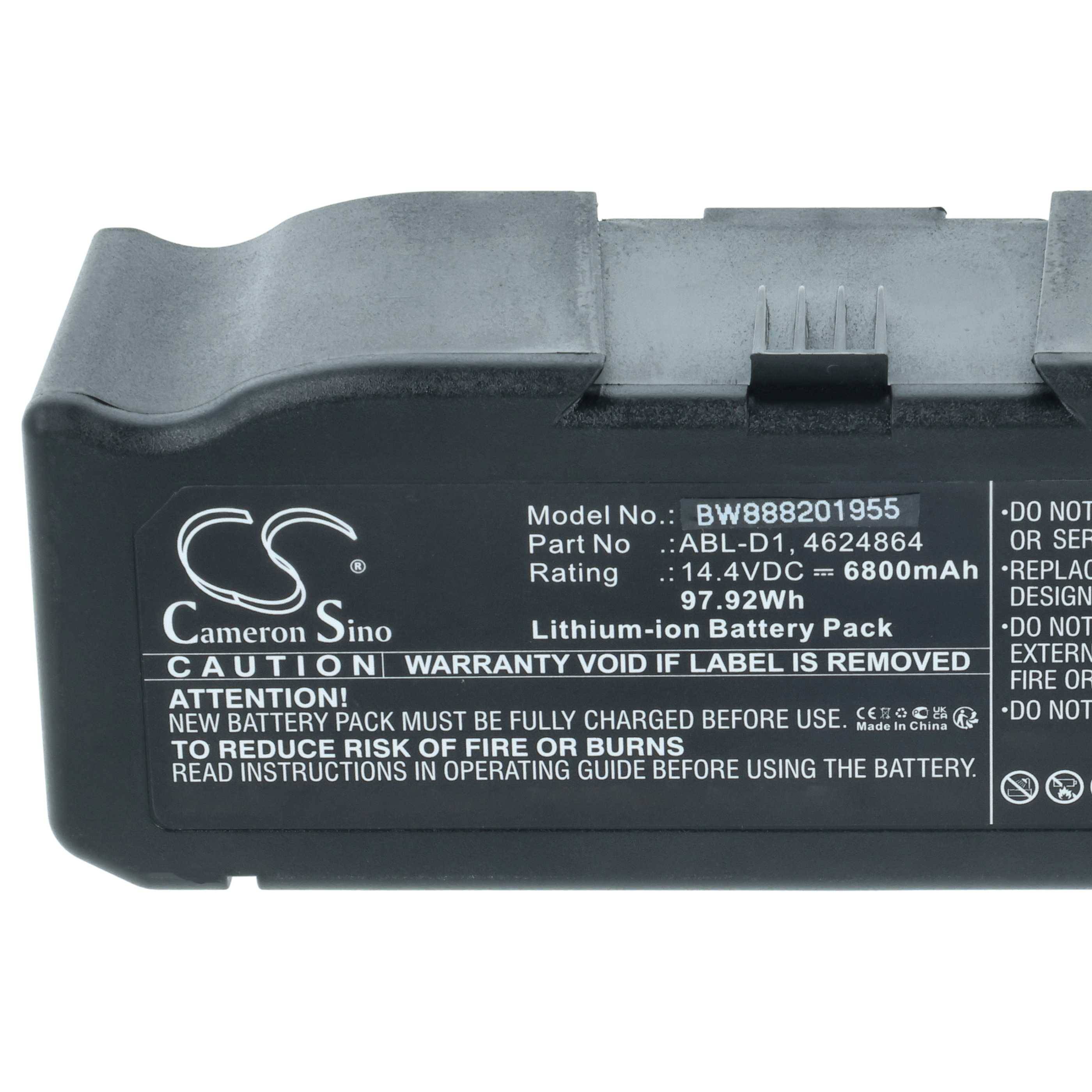 Batterie mit Modellnummer BW888201955, 14,4 VDC, 6800 mAh Kapazität. Warnung: 'Garantie erlischt, wenn Etikett entfernt wird.