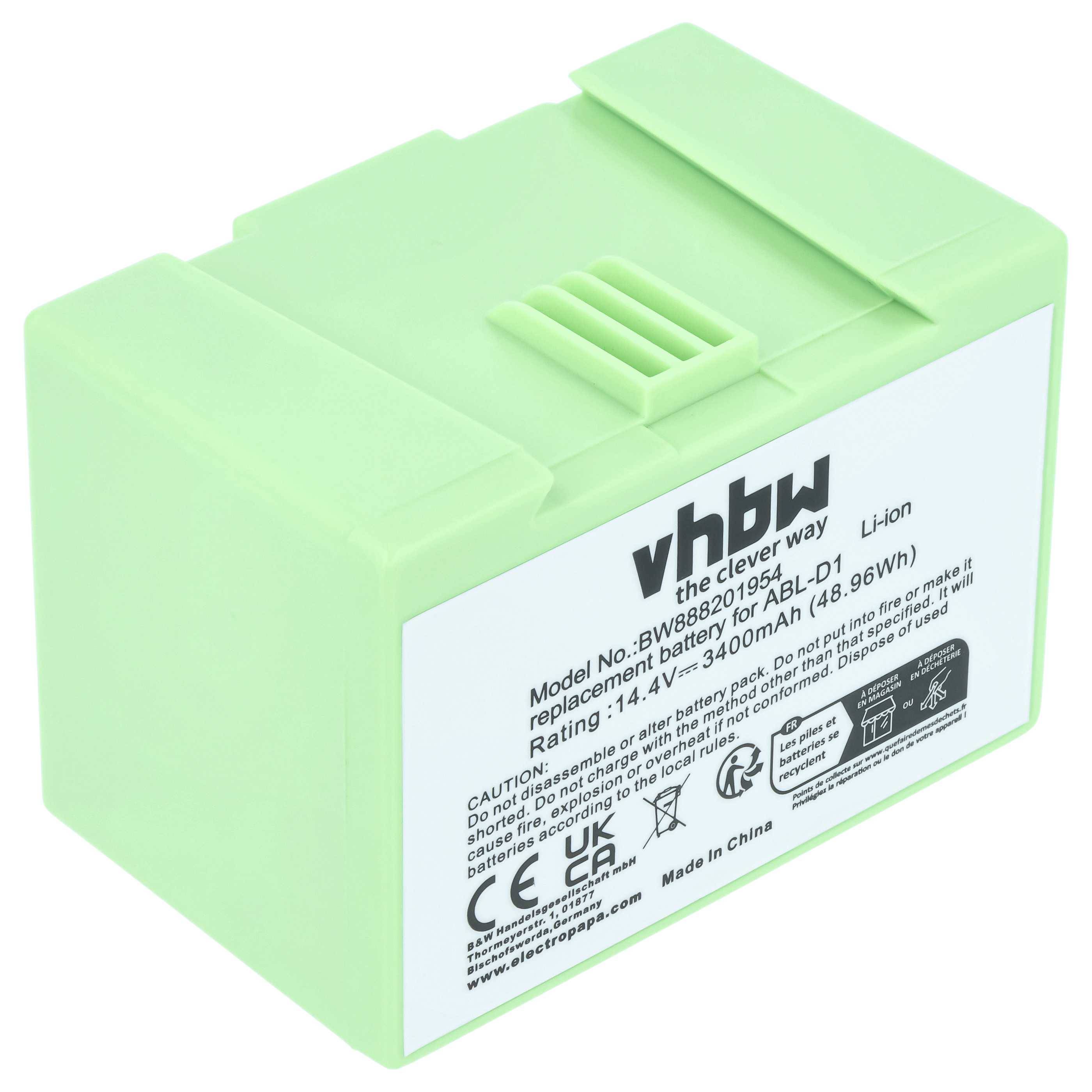 vhbw Akku kompatibel mit iRobot Roomba e6134, e515840, e515440, e515240, e5154, e5158 Saugroboter Schwarz (3400 mAh, 14,4 V, Li-Ion)