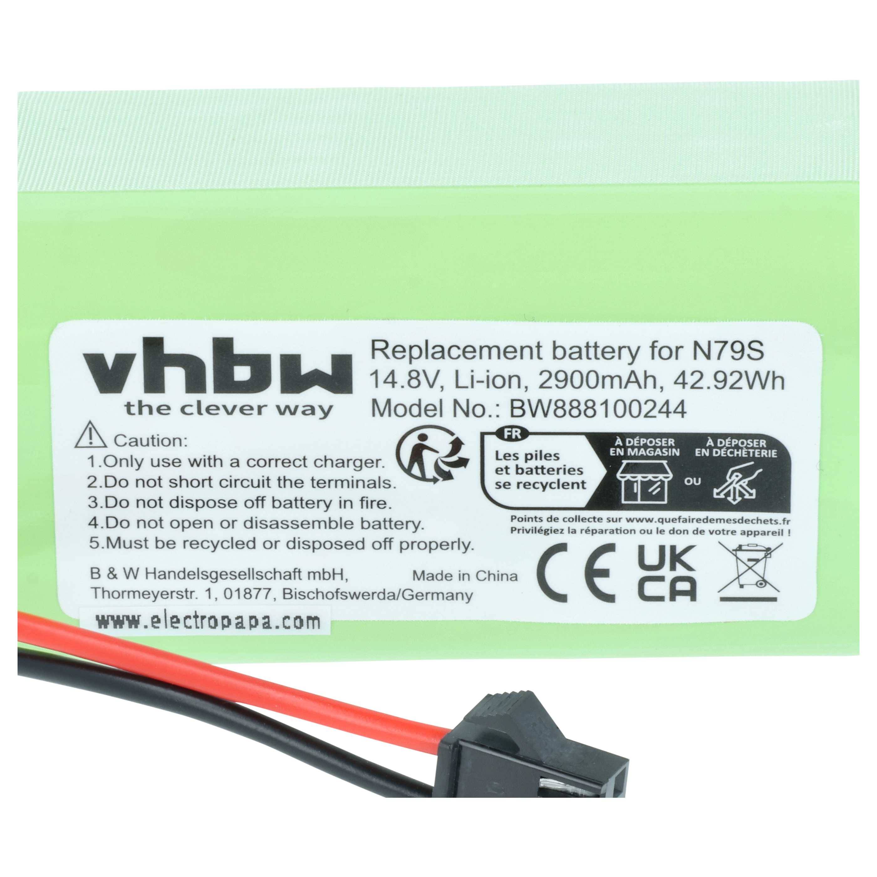 Vhbw Ersatzbatterie für N79S, 14,8V Li-Ion, 2900mAh, 42,92Wh, Modell BW888100244, mit Warn- und Zertifizierungsetiketten.