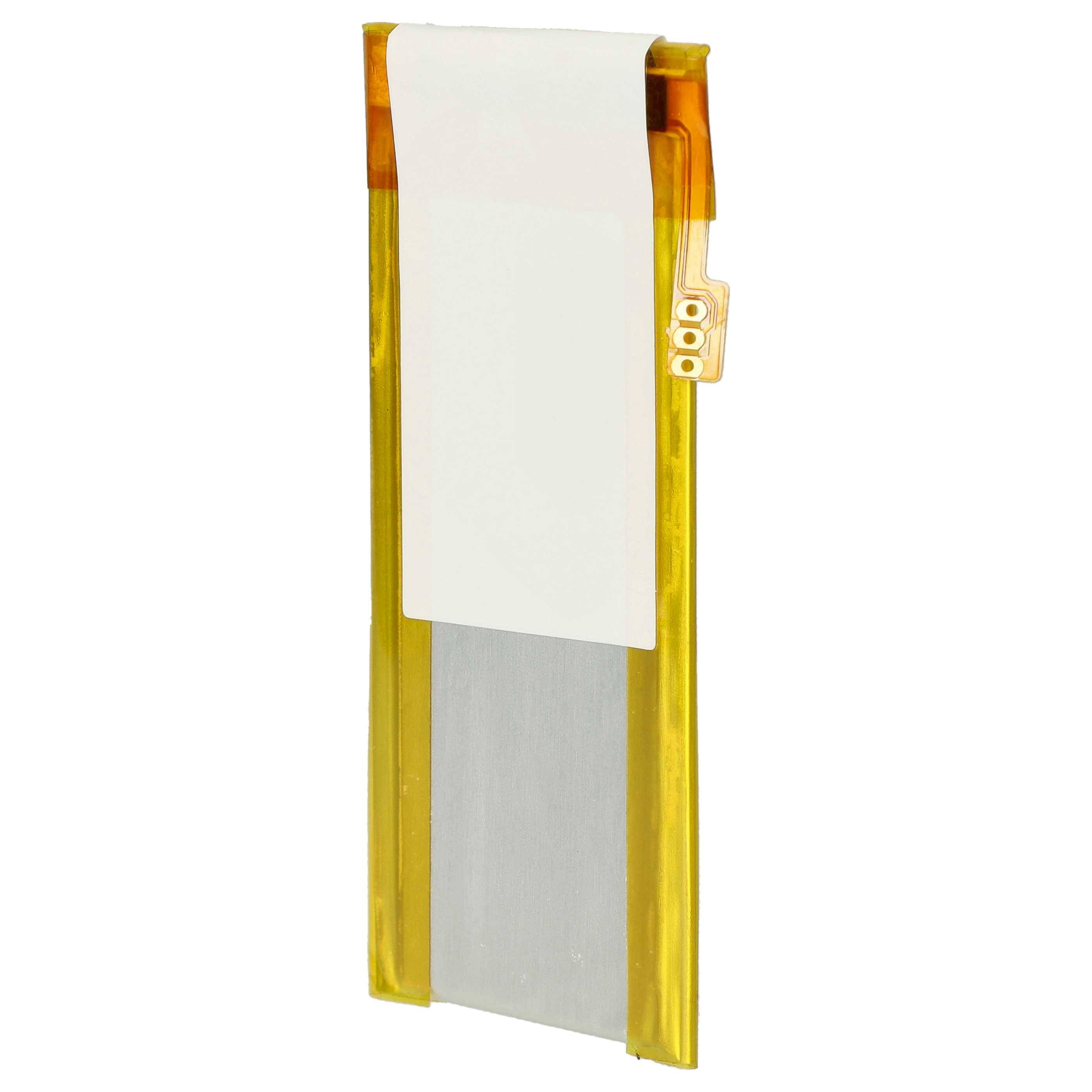 Ein rechteckiges Lithium-Polymer-Akku mit gelbem Außengehäuse und weißem Etikett, mit einer Anschlusslasche in der oberen rechten Ecke.