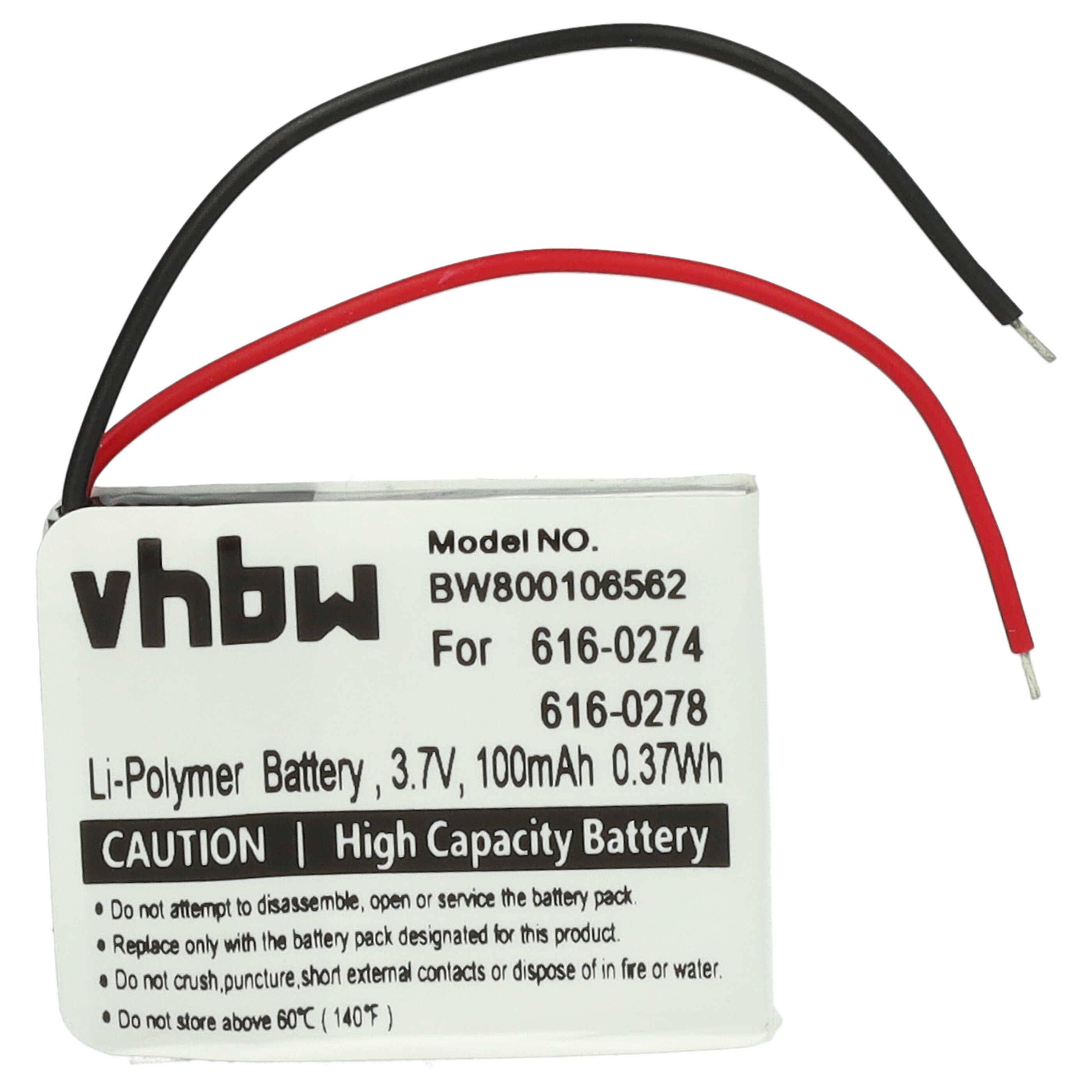 Kleine wiederaufladbare Li-Polymer-Batterie mit Drähten, Modell BW800106582, 3,7V, 100mAh. Hinweis zur ordnungsgemäßen Verwendung und Entsorgung enthalten.