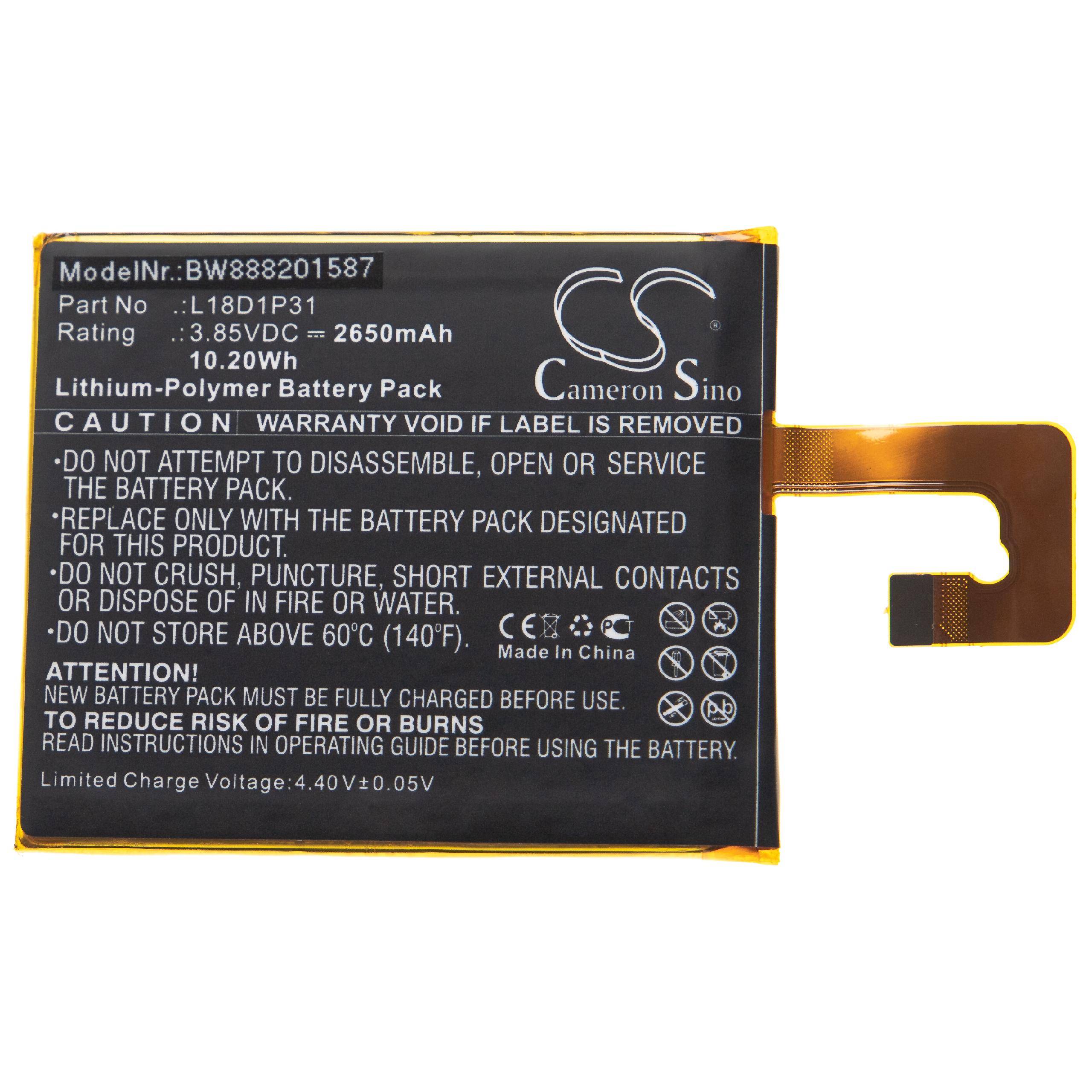 Batterie mit Spezifikationen: 3,85V, 2650mAh, 10,20Wh. Vorsicht: Demontage vermeiden, nicht Feuer aussetzen; sicherstellen, dass es der richtige Akkuteil für das Gerät ist.