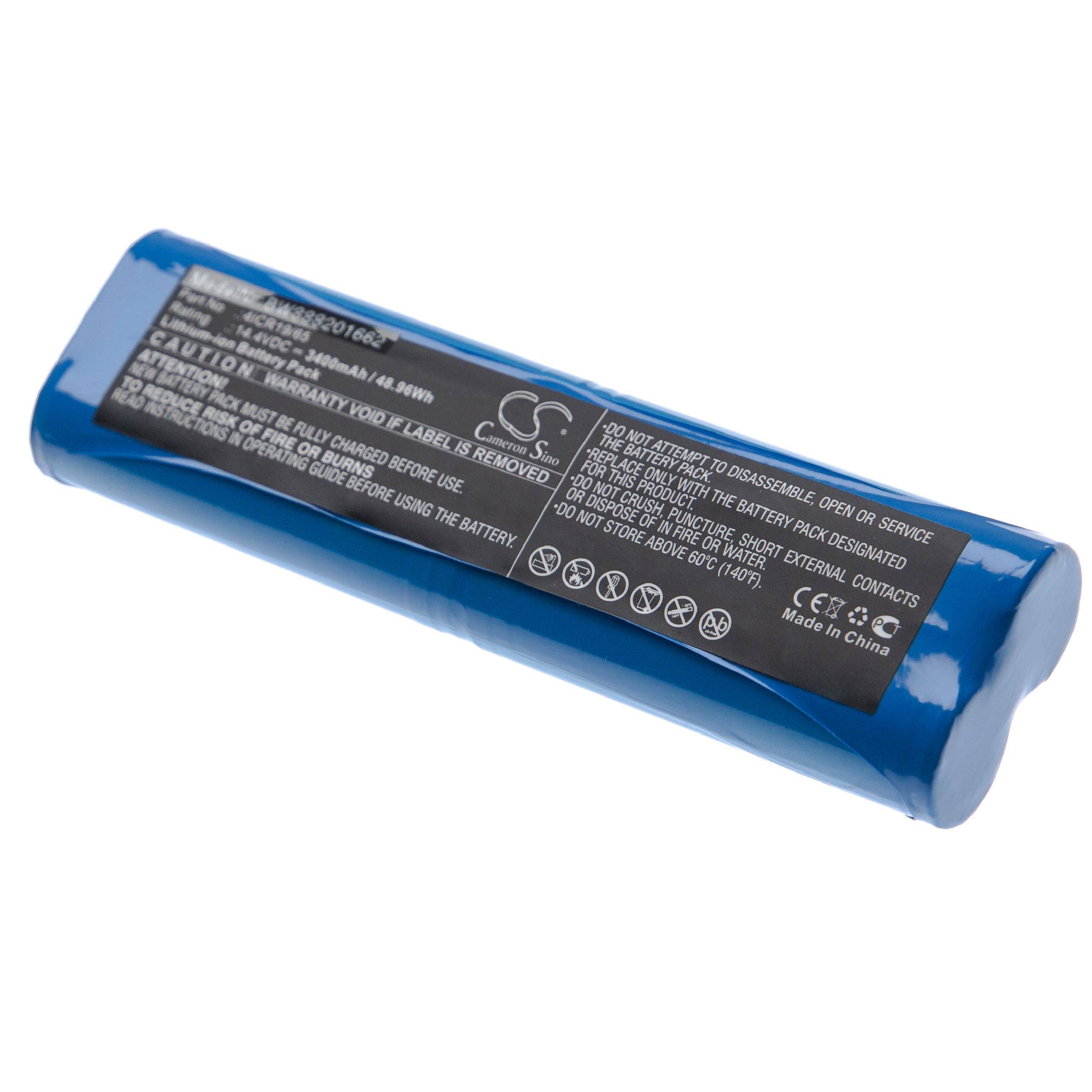 Eine blaue zylindrische Batterie mit einem Etikett, das Spezifikationen und Sicherheitswarnungen enthält. Das Etikett enthält Warntext zur sicheren Verwendung und Installation der Batterie.