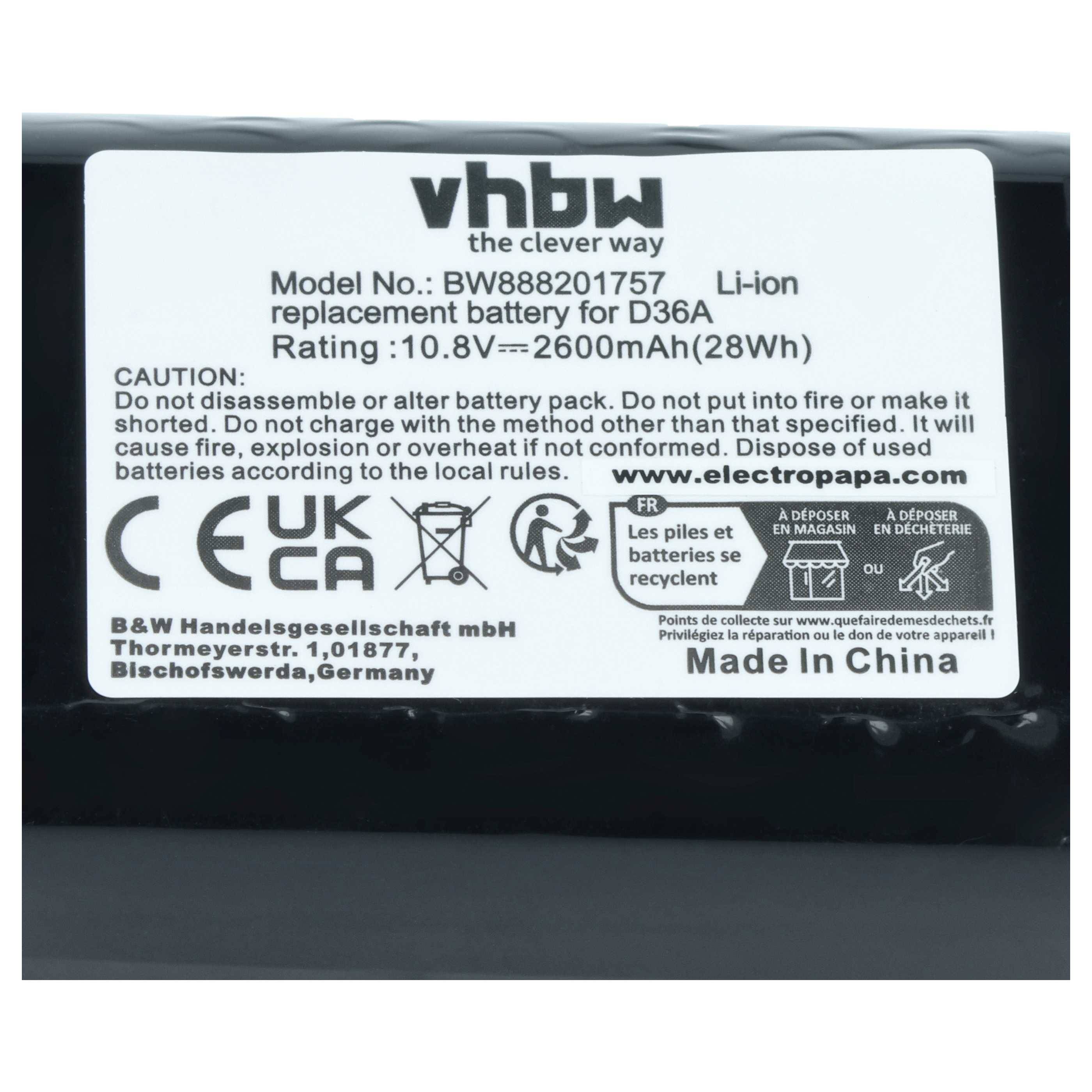 vhbw Akku kompatibel mit Ecovacs D36E, DA60, DA611, DB35, D36A, D36B, D36C Staubsauger (2600 mAh, 10,8 V, Li-Ion)