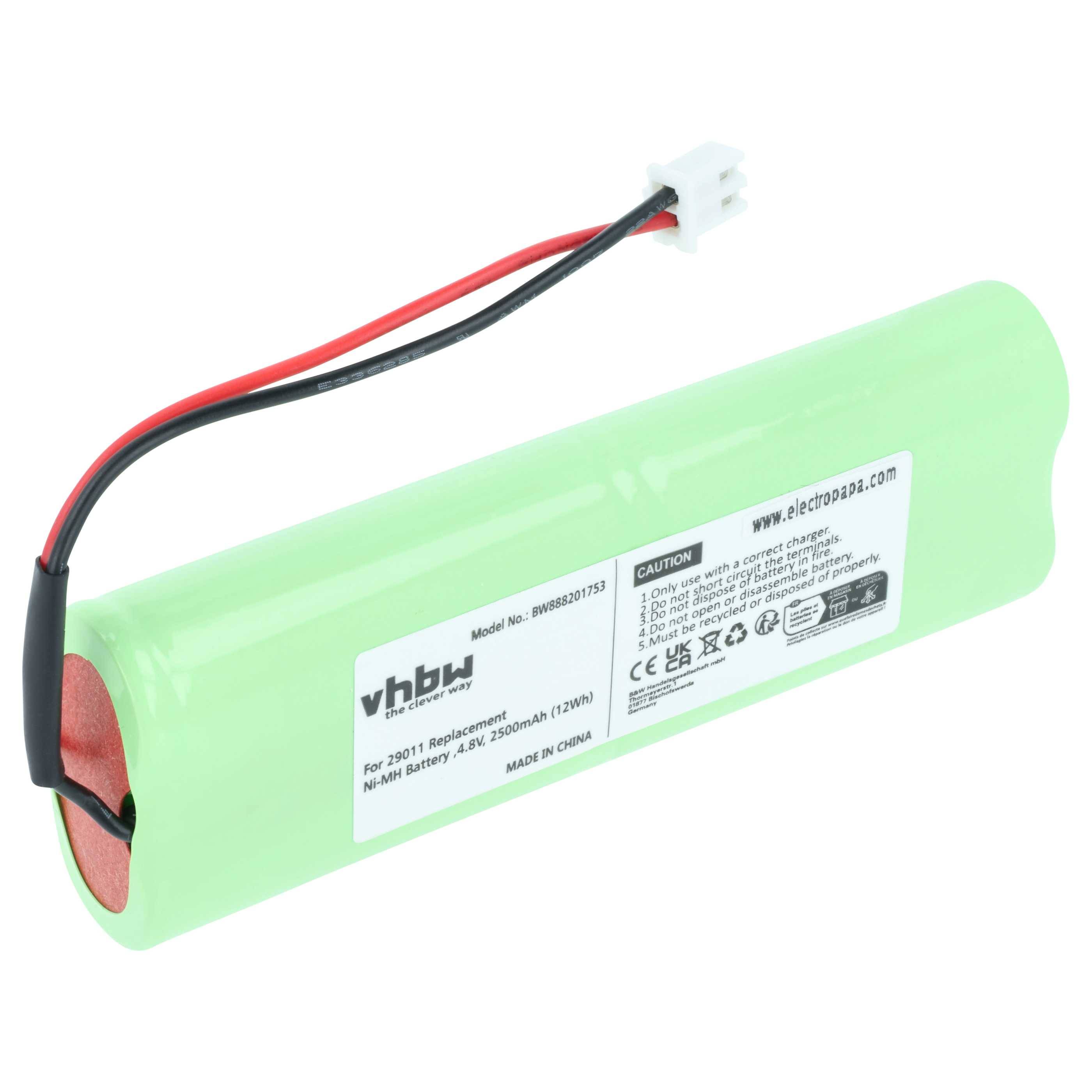Grüner zylindrischer wiederaufladbarer Batteriepack mit roten und schwarzen Kabeln und weißem Stecker, gekennzeichnet für Austauschzwecke.