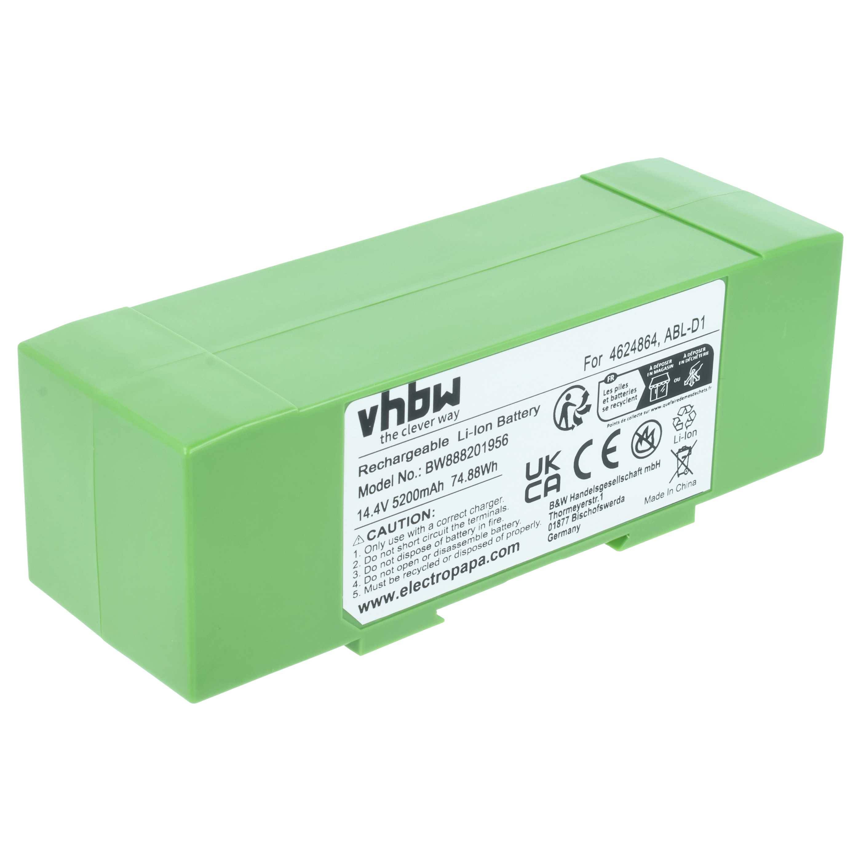 Eine grüne wiederaufladbare Lithium-Ionen-Batterie mit Etikett, das das Modell 'VHBW8868201956' zeigt, 14,4V, 5200mAh, 74,88Wh, und Warnhinweise.