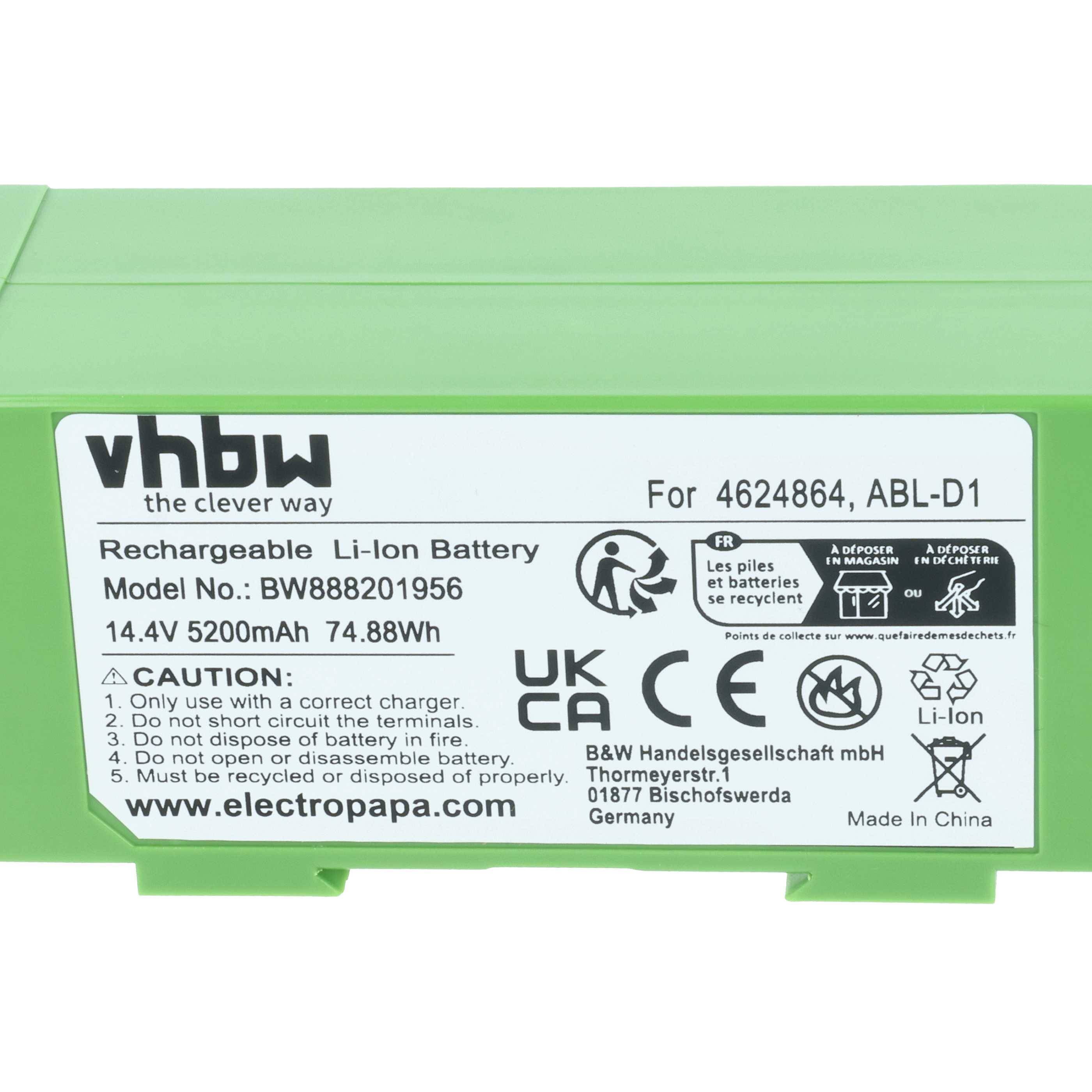 Grüne Lithium-Ionen-Batterie mit Etikett 'vhbw die clevere Art'. Mit 5200mAh Kapazität, 14,4V. Sicherheitshinweise und Herstellerinformationen enthalten.