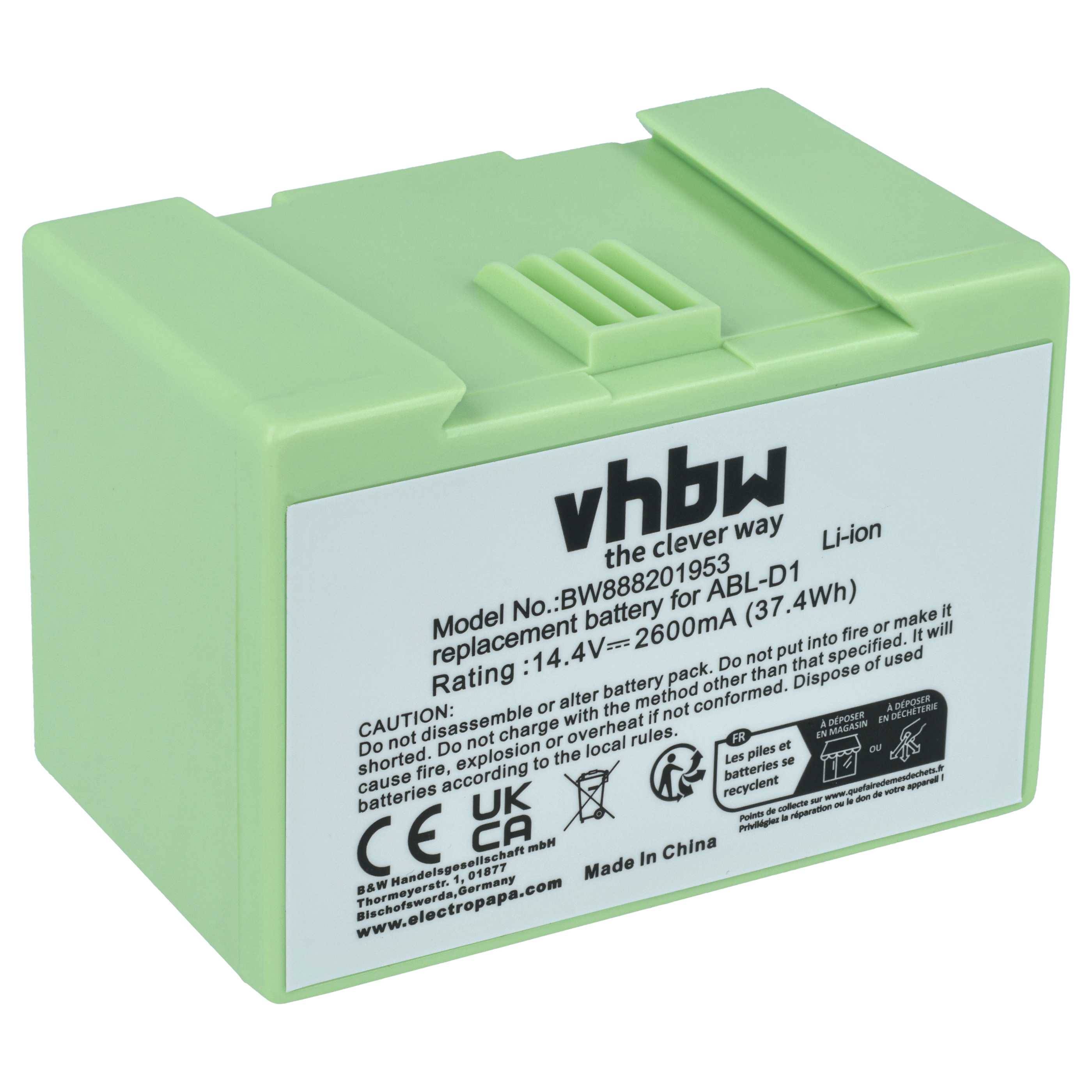 vhbw Akku kompatibel mit iRobot Roomba e6134, e515840, e515440, e515240, e6, e5154, e5158 Saugroboter Schwarz (2600 mAh, 14,4 V, Li-Ion)