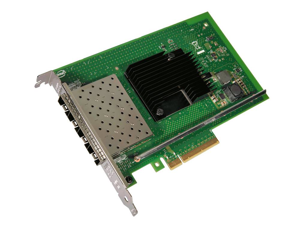 Interne Computererweiterungskarte mit Metallhalterung, Steckerleiste und schwarzem Kühlkörper auf einer grünen Leiterplatte.