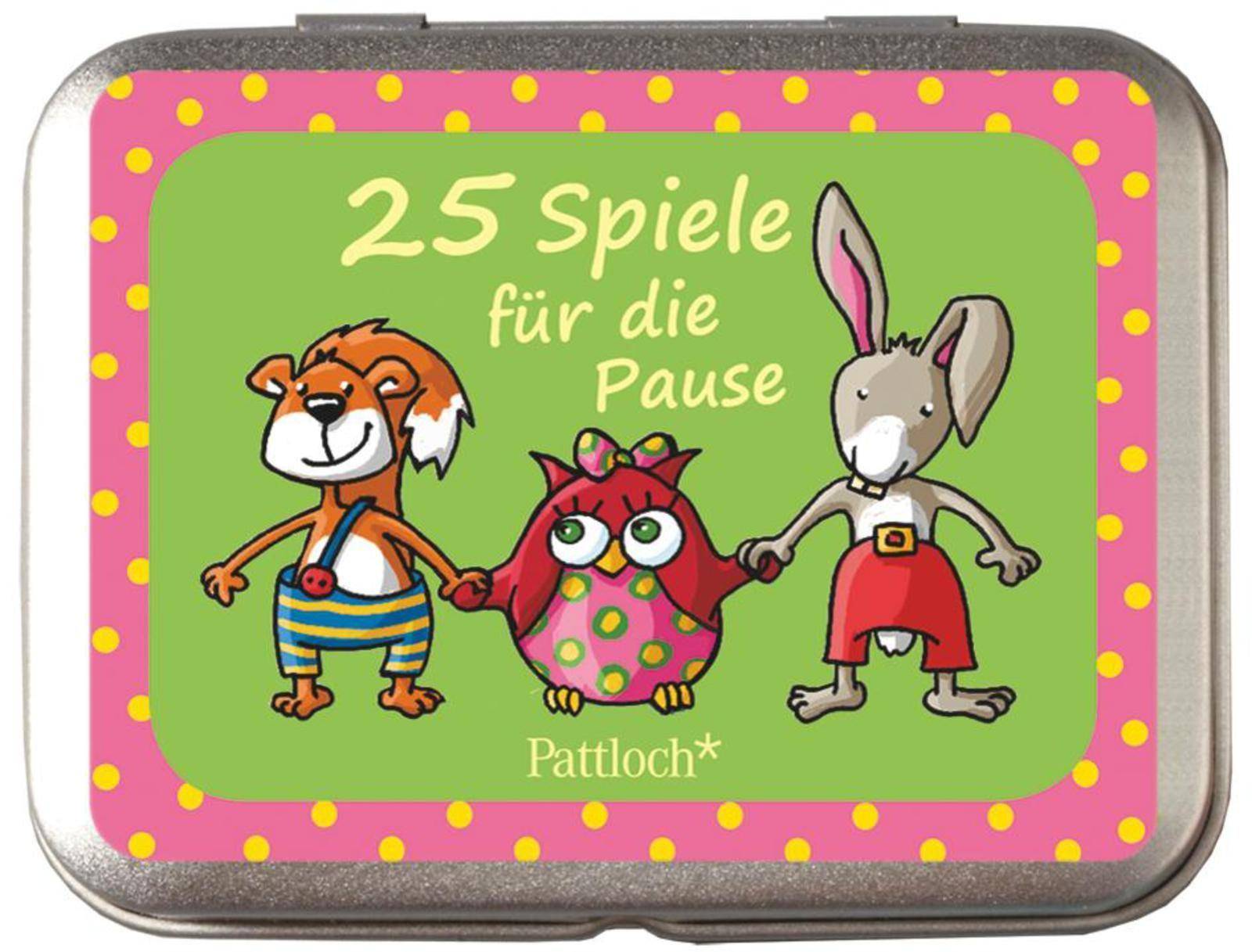 25 Spiele für die Pause Eule Emily 25 Kärtchen in Metallbox, Größe: 8 x 6,5 x 2,5 cm, Geschenke für die Schultüte und alle weiteren Events für