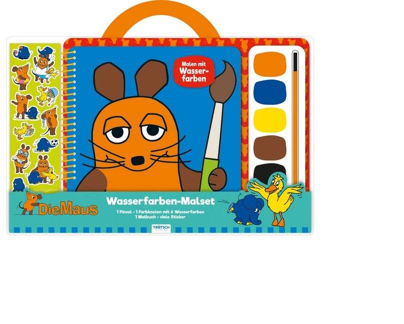 Trötsch Die Maus Wasserfarbenmalset Beschäftigungsbuch Malbuch. Enthält: 1 Pinsel, 1 Farbkasten mit 6 Wasserfarben, 1 Malbuch, viele Sticker