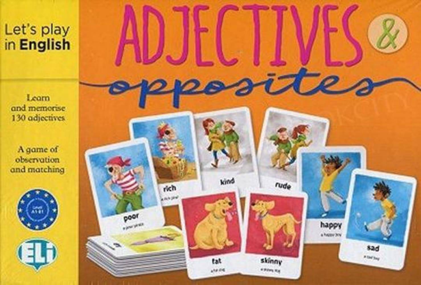 Adjectives & opposites Gamebox. Spiel à 2 x 65 Karten mit Adjektiven und ihren Gegensätzen, 1 Joker- und 1 Ereigniskarte + Spielanleitung