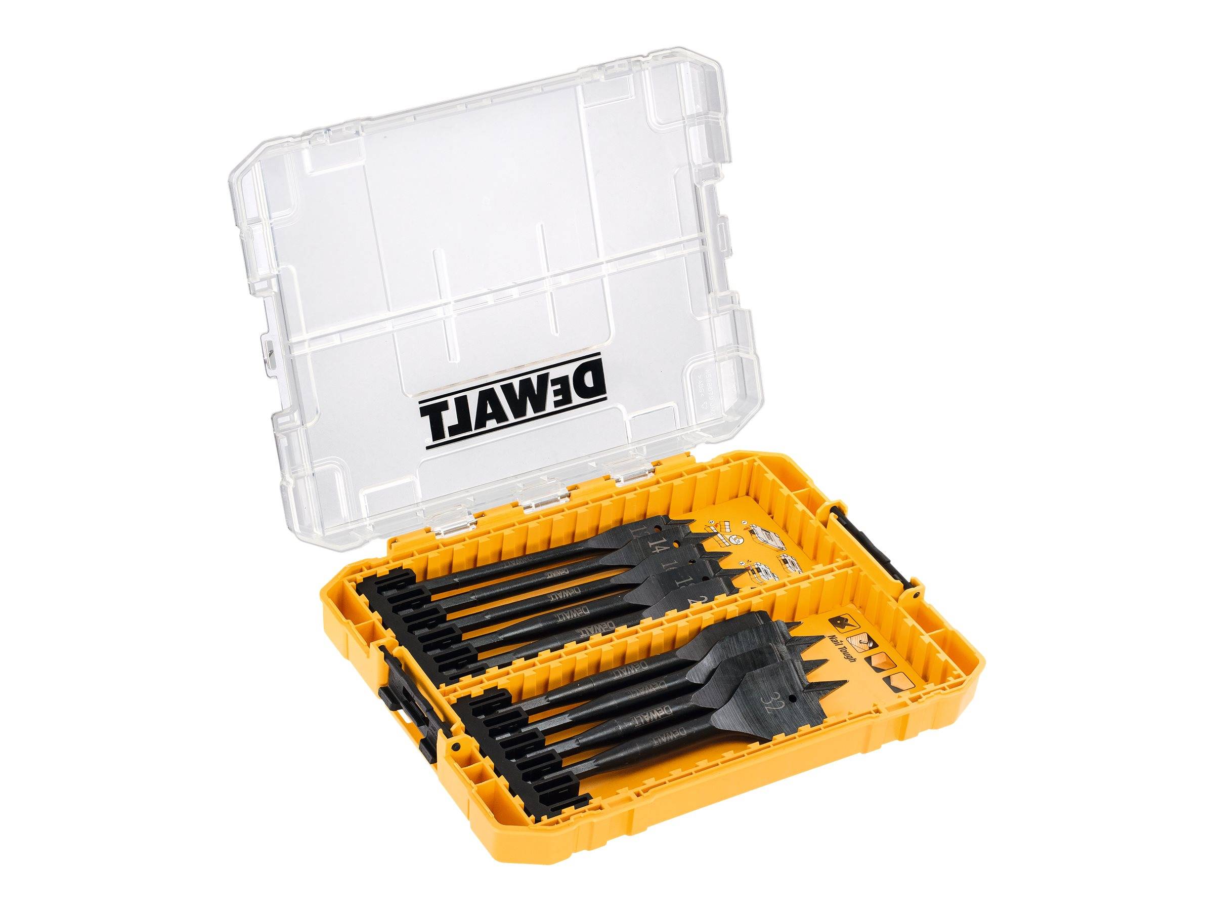 Offener gelbes DEWALT-Werkzeugkoffer mit transparentem Deckel, der mehrere schwarze Bohr- oder Schrauberbits enthält, die in geformten Schlitzen angeordnet sind.