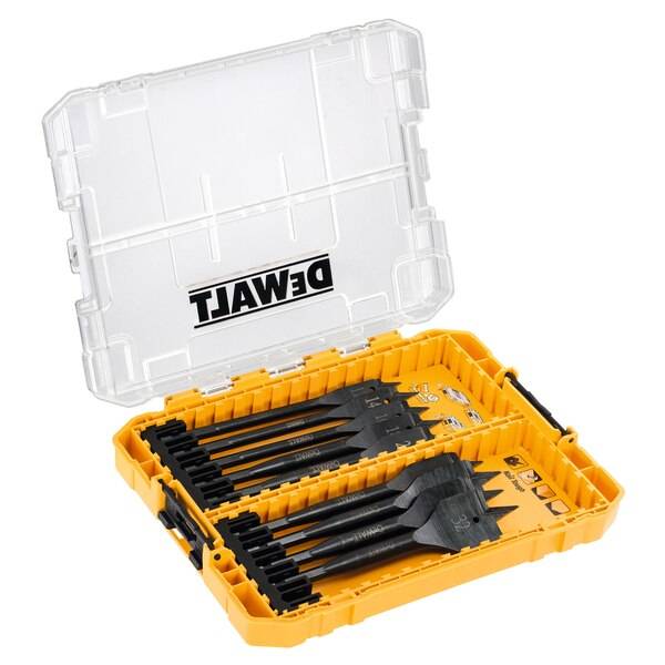 Offener gelber DEWALT-Werkzeugkoffer mit durchsichtigem Deckel, gefüllt mit schwarzen Bohrern und Spatenbohrern, die in geformten Fächern organisiert sind.