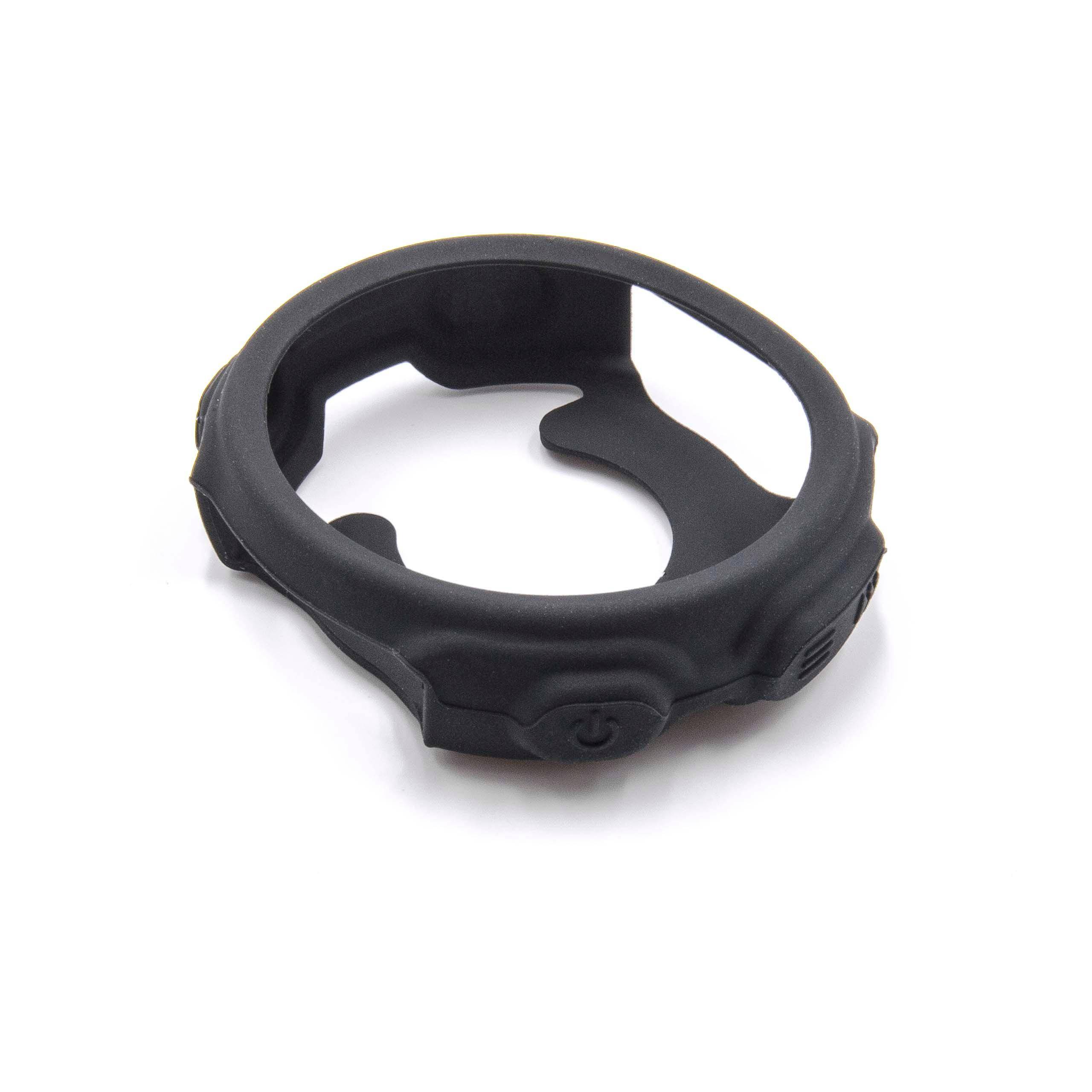 Eine schwarze Silikon-Schutzhülle für ein rundes elektronisches Gerät mit einer Aussparung für ein Display und einer Taste an der Seite.