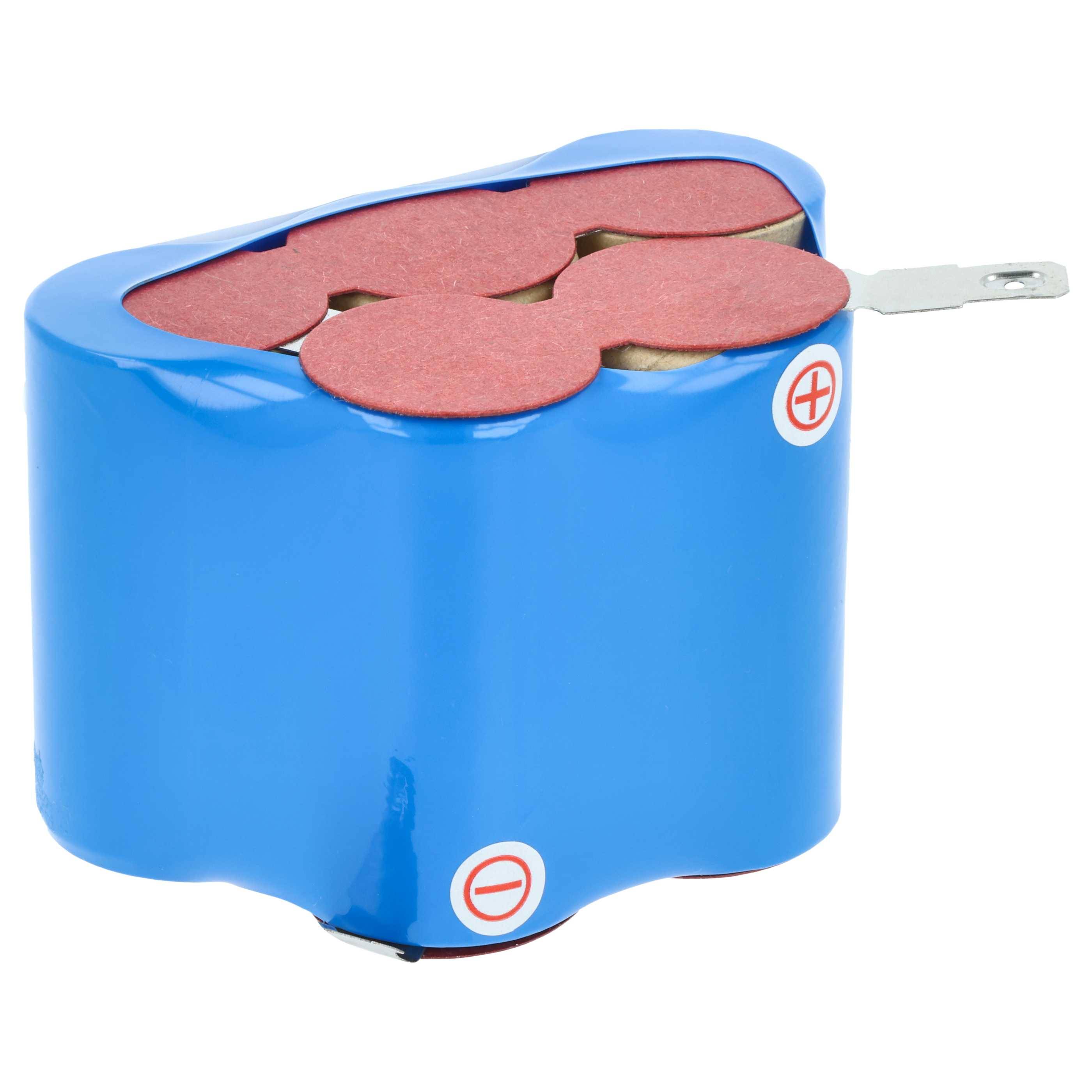 Eine blaue, zylindrische Batterieverpackung mit sichtbaren positiven und negativen Anschlüssen an beiden Enden.