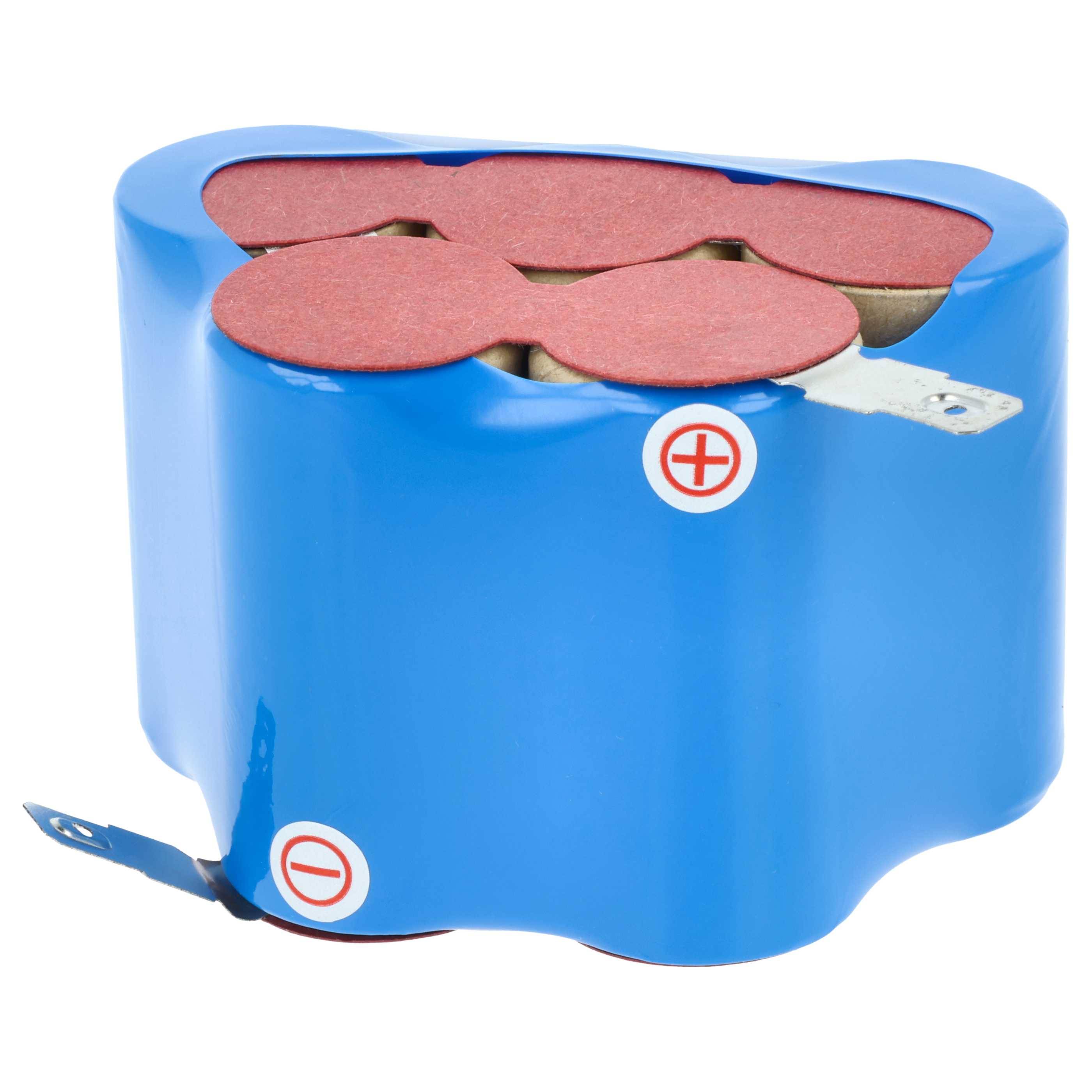 Eine blaue zylindrische Batterieverpackung mit abgeklebten Enden, gekennzeichnet mit roten Plus- und Minussymbolen zur Identifizierung der Polarität.