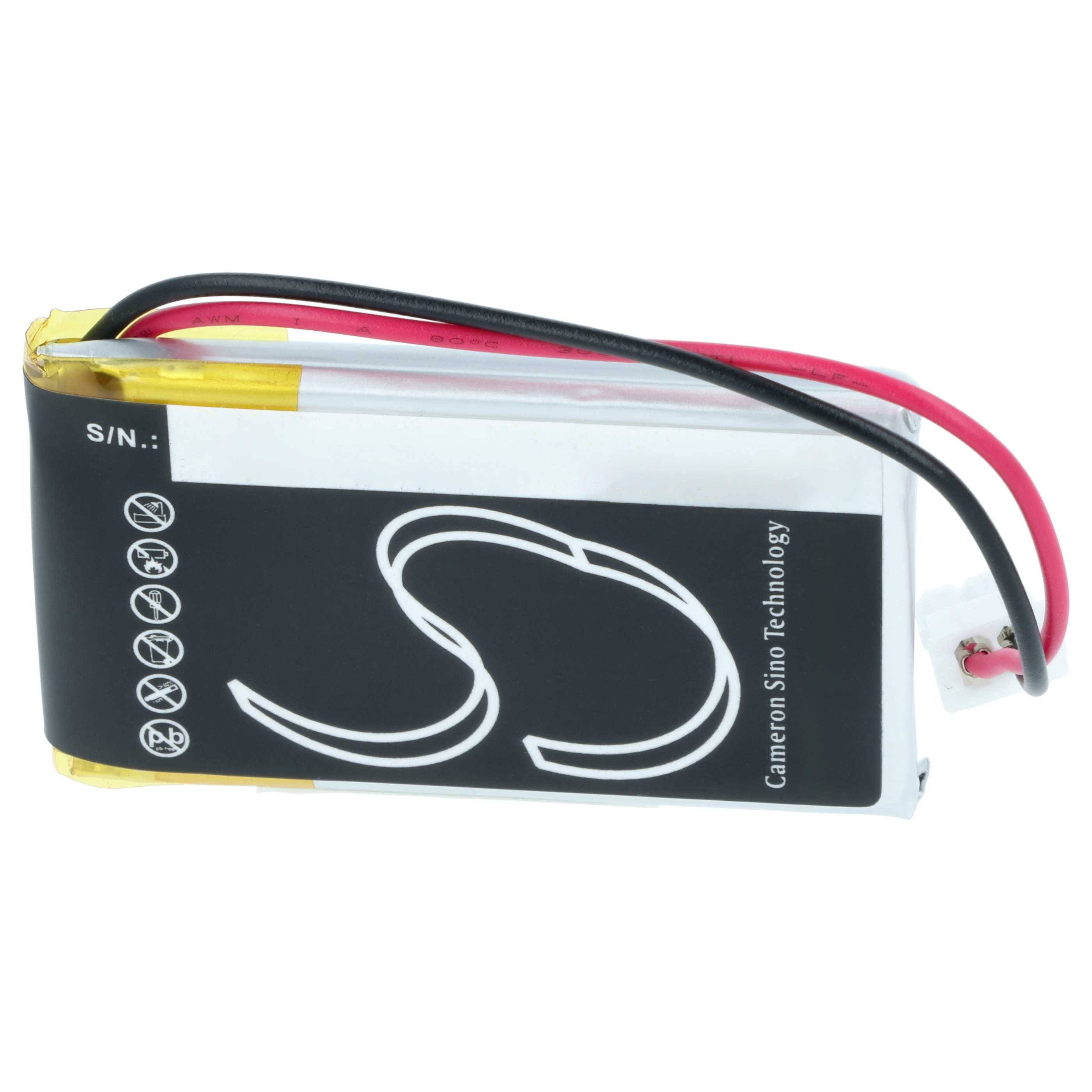 Eine rechteckige Lithium-Ionen-Batterie mit angeschlossenen Kabeln, auf deren Oberfläche der Markenname und Symbole zur Anzeige von Handhabungsvorsichtsmaßnahmen zu sehen sind.