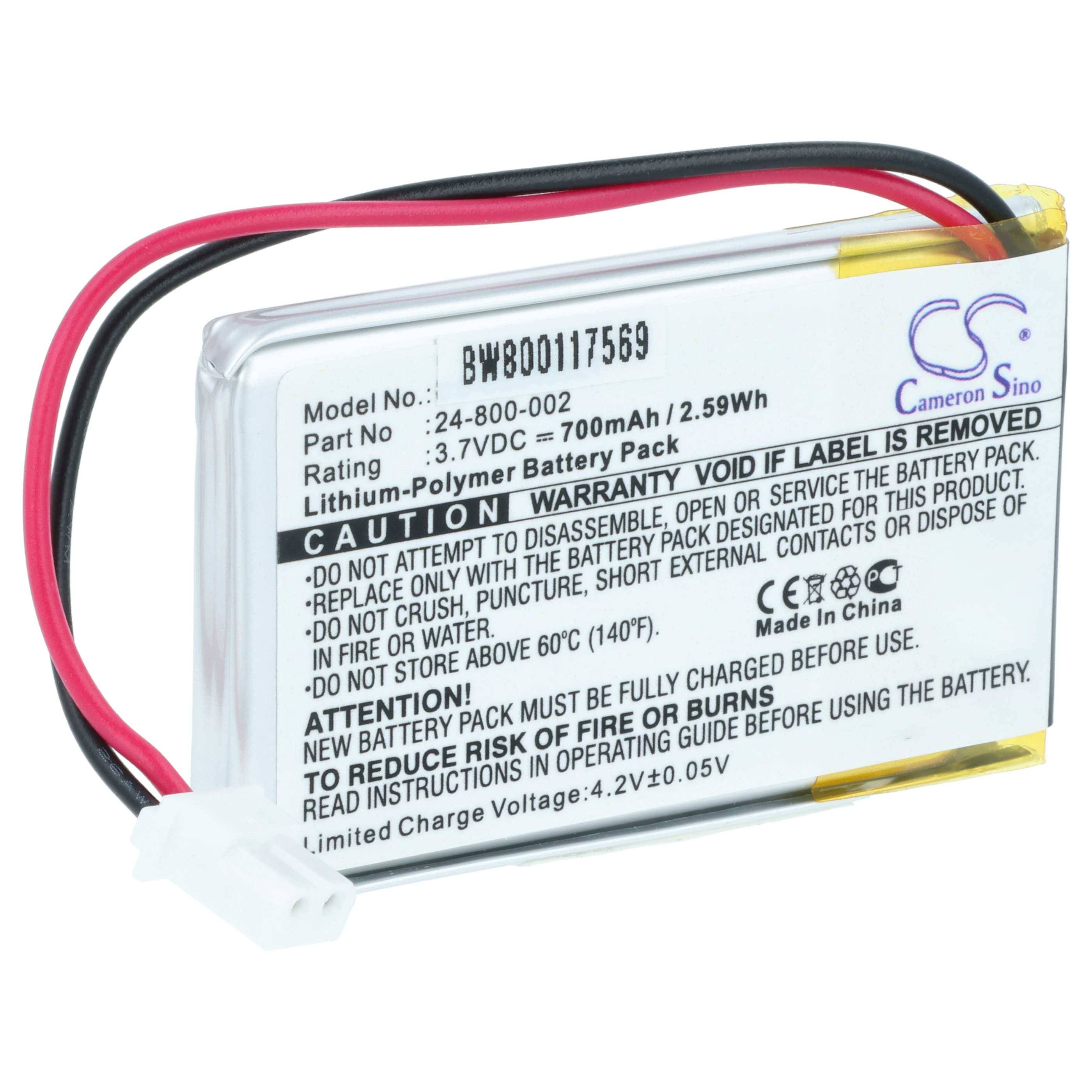 Lithium-Polymer-Akkupack, 700 mAh Kapazität, mit Warnhinweisen wie ‚Nicht zerlegen' und ‚Garantie erlischt bei Entfernung des Etiketts'.