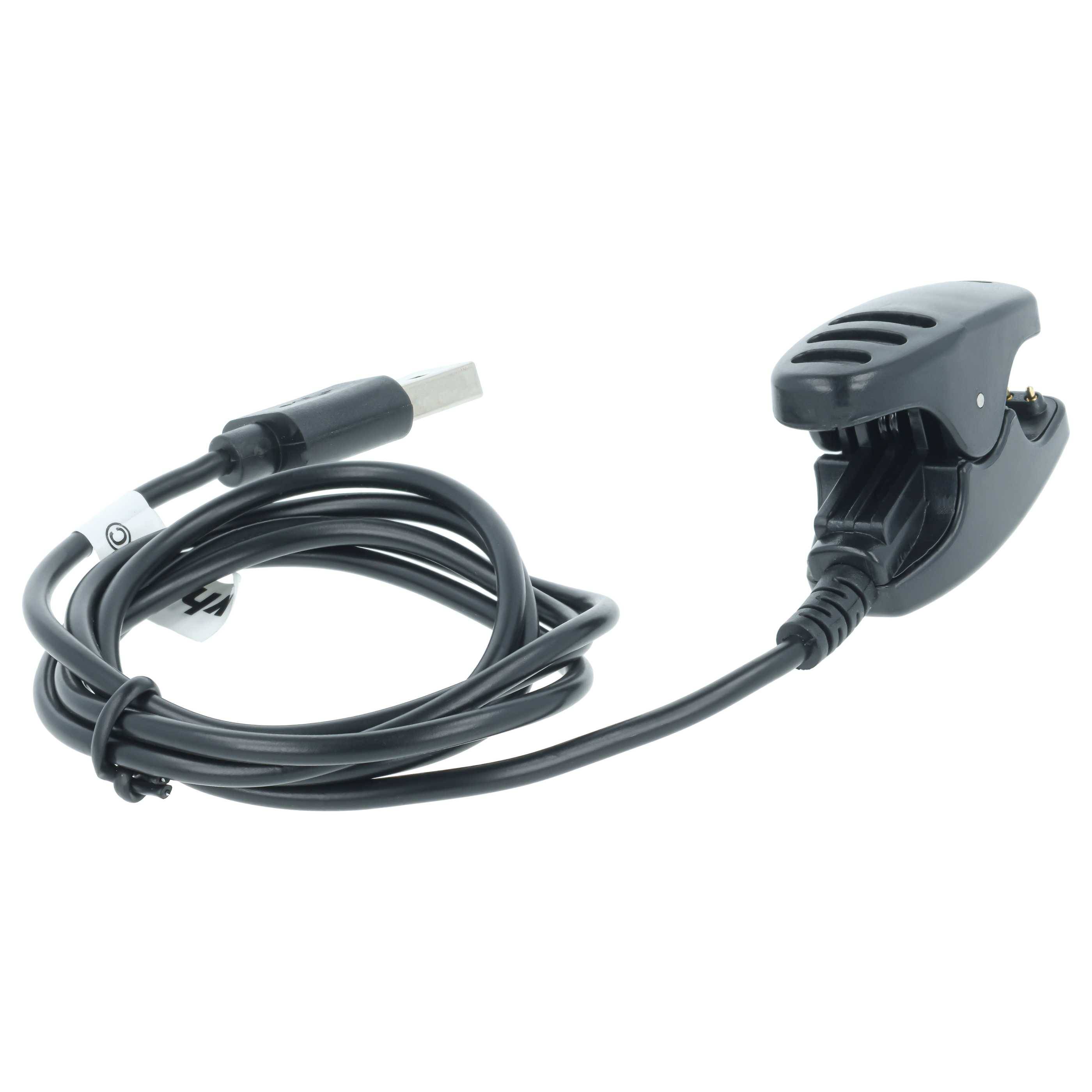 Schwarzes Kabel mit einem Klemm-Stil-Stecker und USB-Stecker, auf weißem Hintergrund aufgerollt dargestellt.