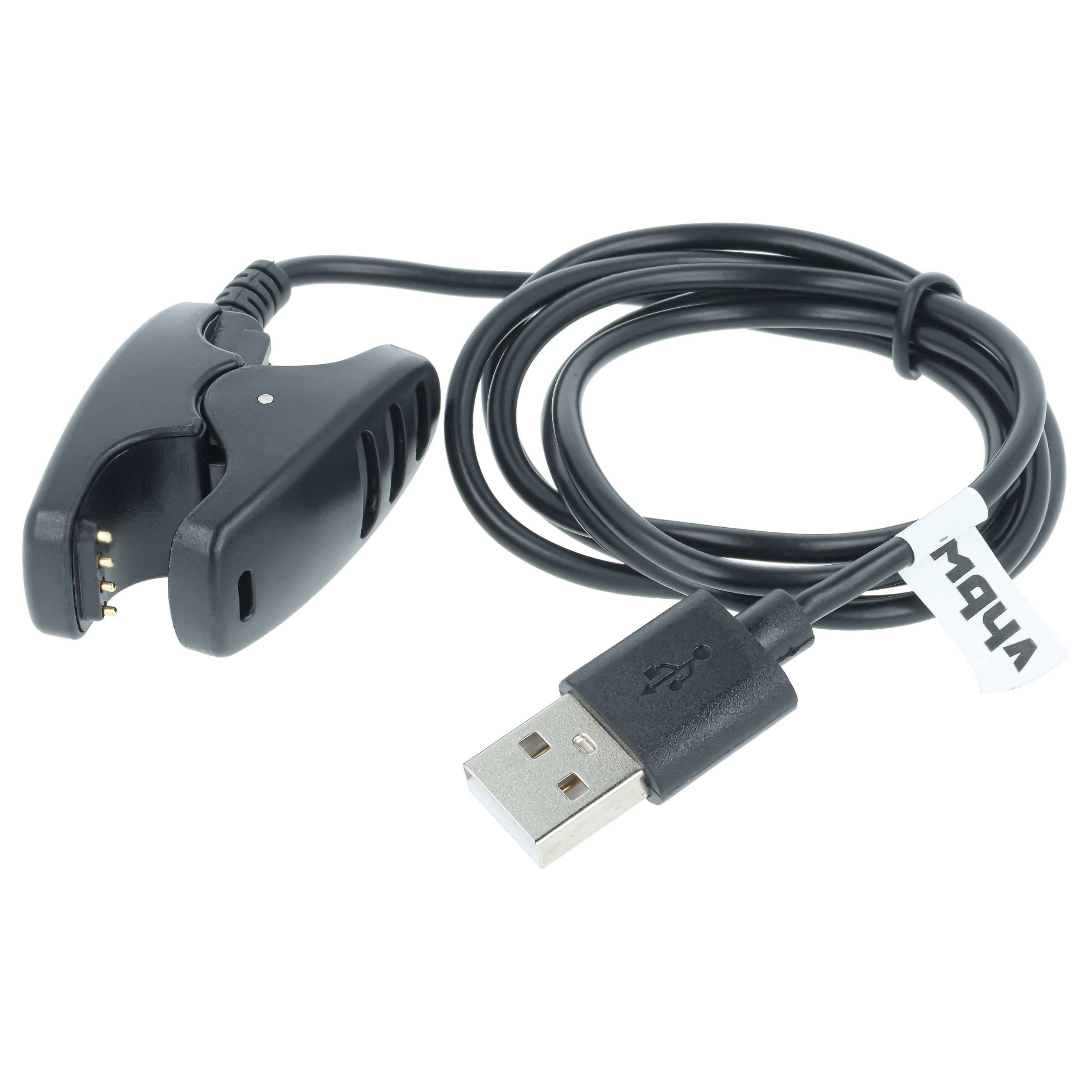 Schwarzes USB-Ladekabel mit Clip-on-Gerätekonnektor und USB-A-Stecker, aufgerollt auf weißem Hintergrund dargestellt.