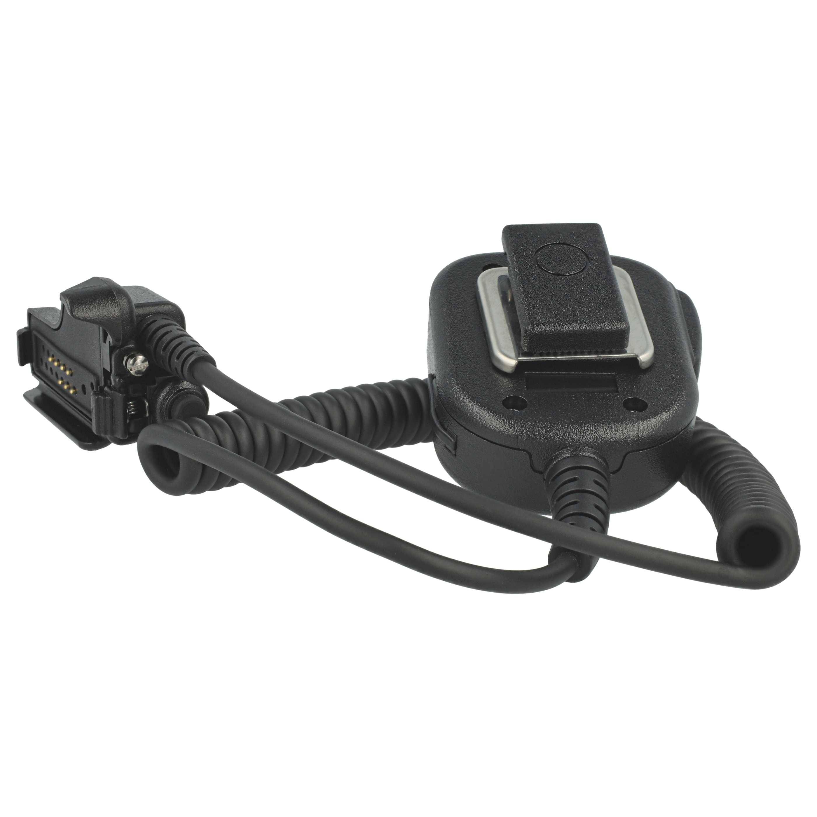 Ein schwarzes, aufgerolltes Funkrikrofon mit Clip und Steckverbinder, das für Kommunikationsgeräte verwendet wird.