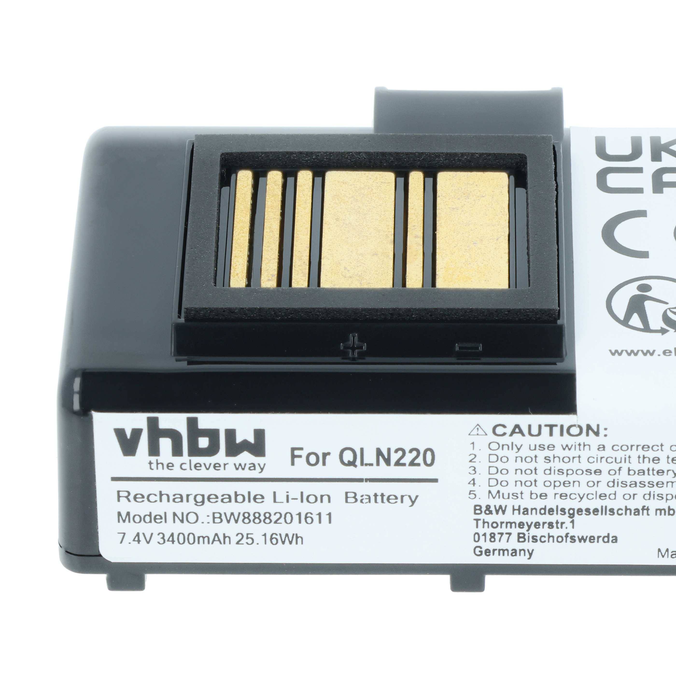 Wiederaufladbare Li-Ion-Batterie für QLN220, Modellnummer BW8888201611, 7,4V, 35,86Wh, hergestellt von vhbw. Enthält Vorsichtswarnetikett.