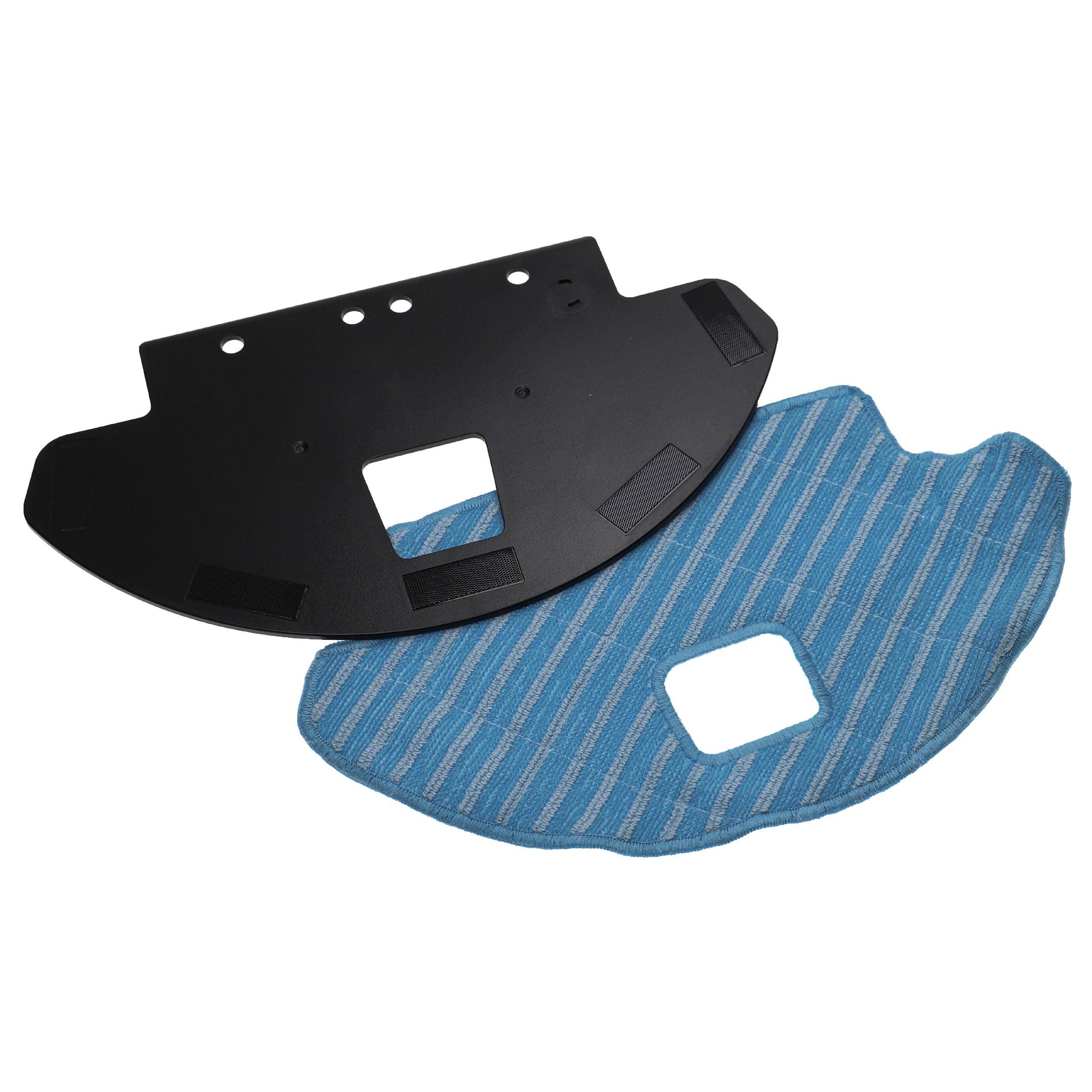 Ein schwarzes Plastikteil mit Löchern und einem Schlitz, neben einem blau gestreiften Tuch mit einer passenden Aussparung, höchstwahrscheinlich Bestandteile eines Reinigungsgeräts oder Wischsystems.