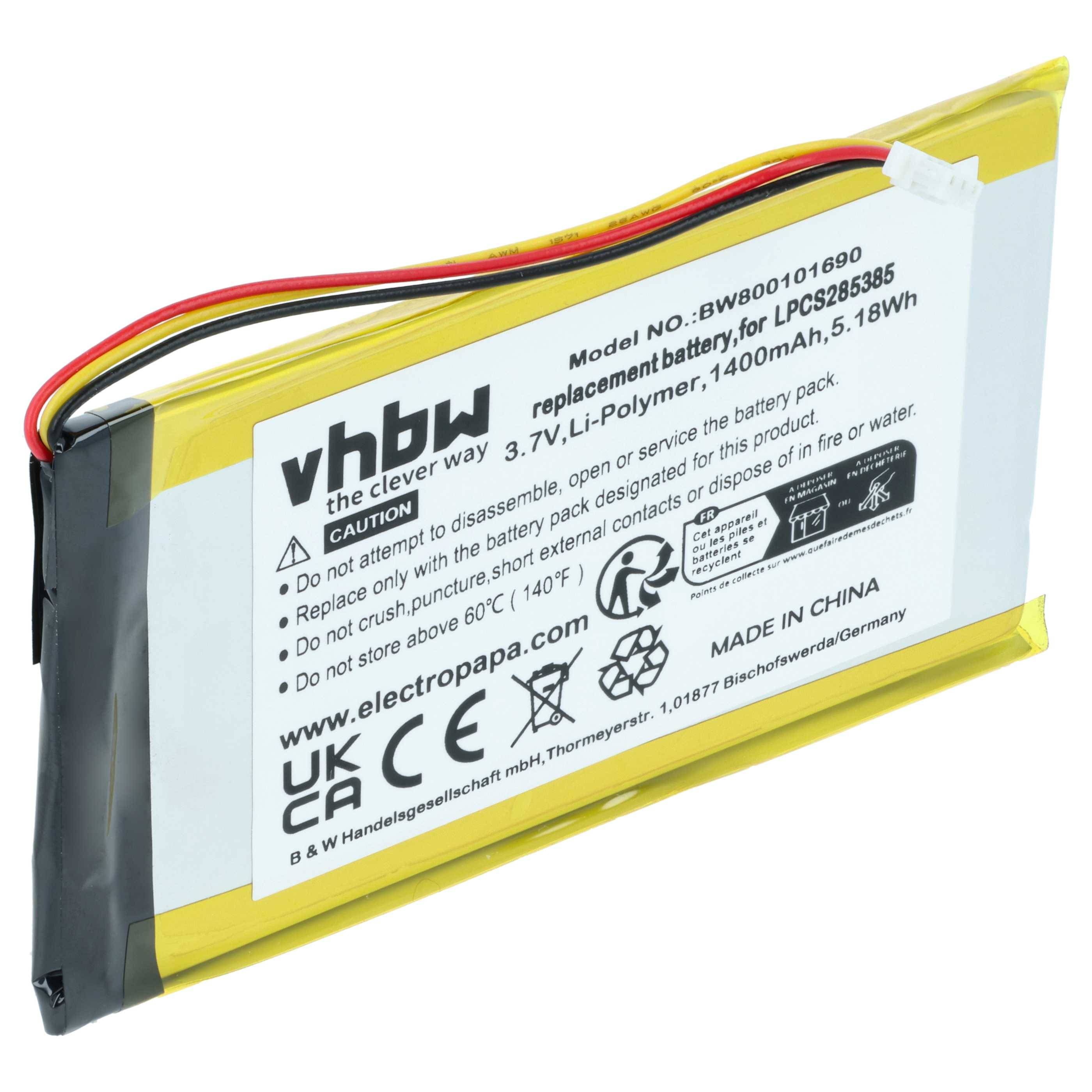 vhbw Akku Ersatz für Creative Labs LPCS285385, BA20603R79914, DVP-HD0003 für MP3-Player Musik Player (1400 mAh, 3,7 V, Li-Ion)