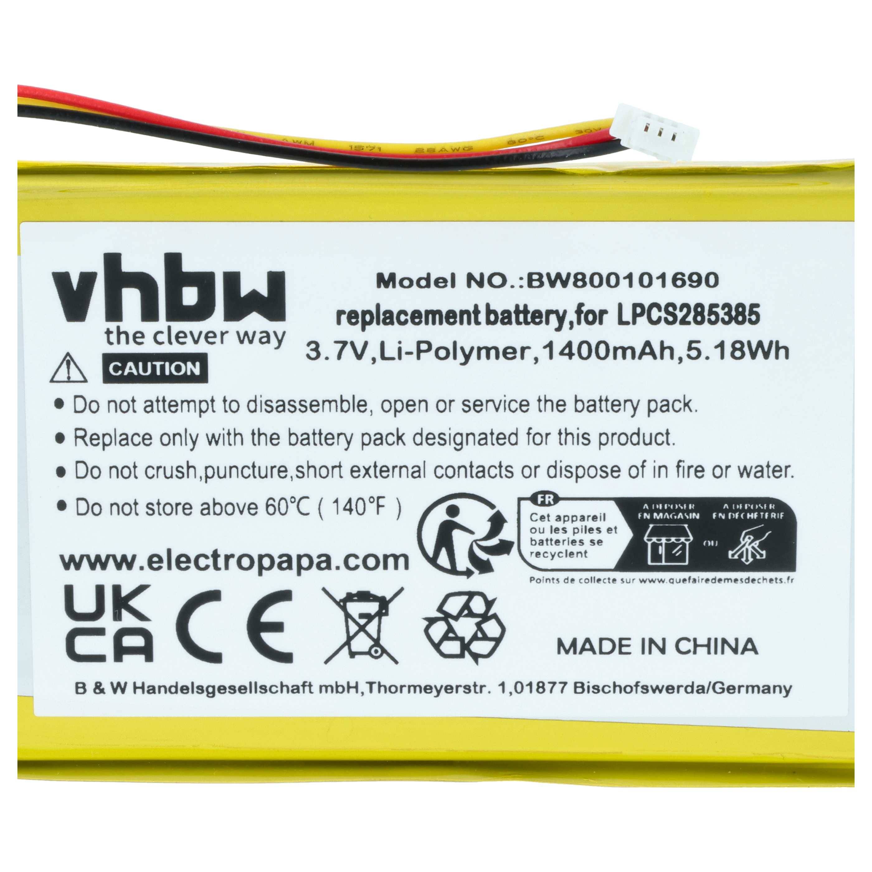 vhbw Akku Ersatz für Creative Labs LPCS285385, BA20603R79914, DVP-HD0003 für MP3-Player Musik Player (1400 mAh, 3,7 V, Li-Ion)