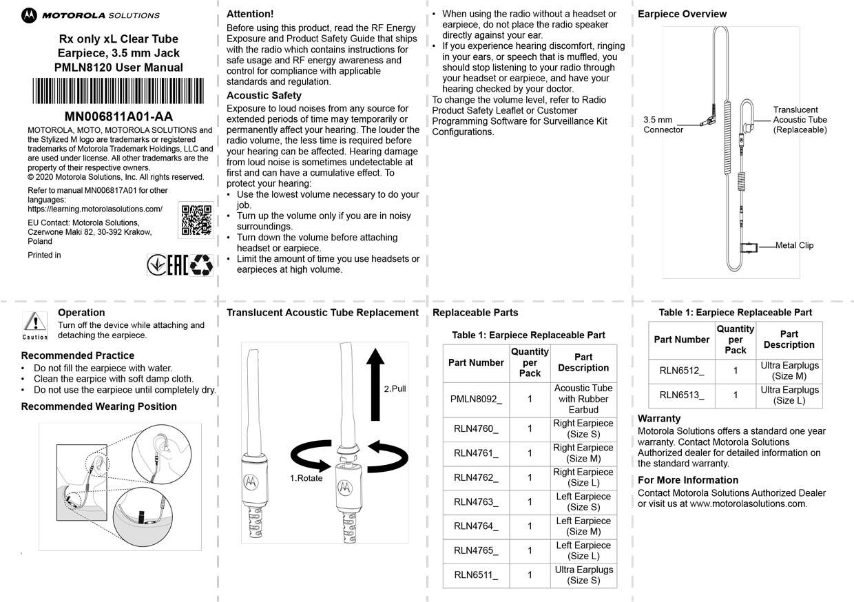 Motorola Ohrhörer mit transparentem Schallschlauch und In-Ohr Einsatz mit 3.5mm Stecker PMLN8120A