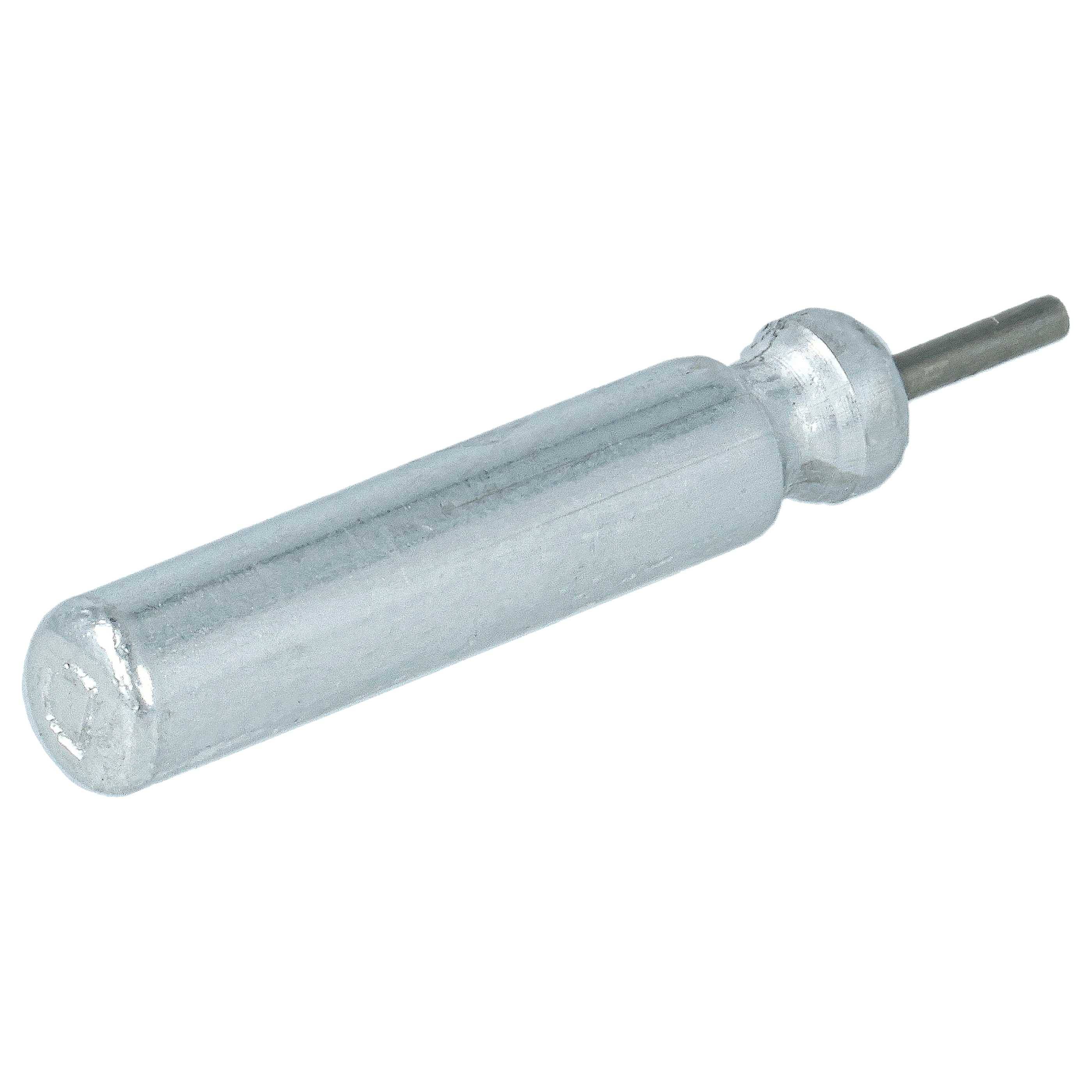 Ein kleiner metallischer zylindrischer Stift mit abgerundete Ende und einem kurzen vorstehenden Schaft, gezeigt auf weißem Hintergrund.
