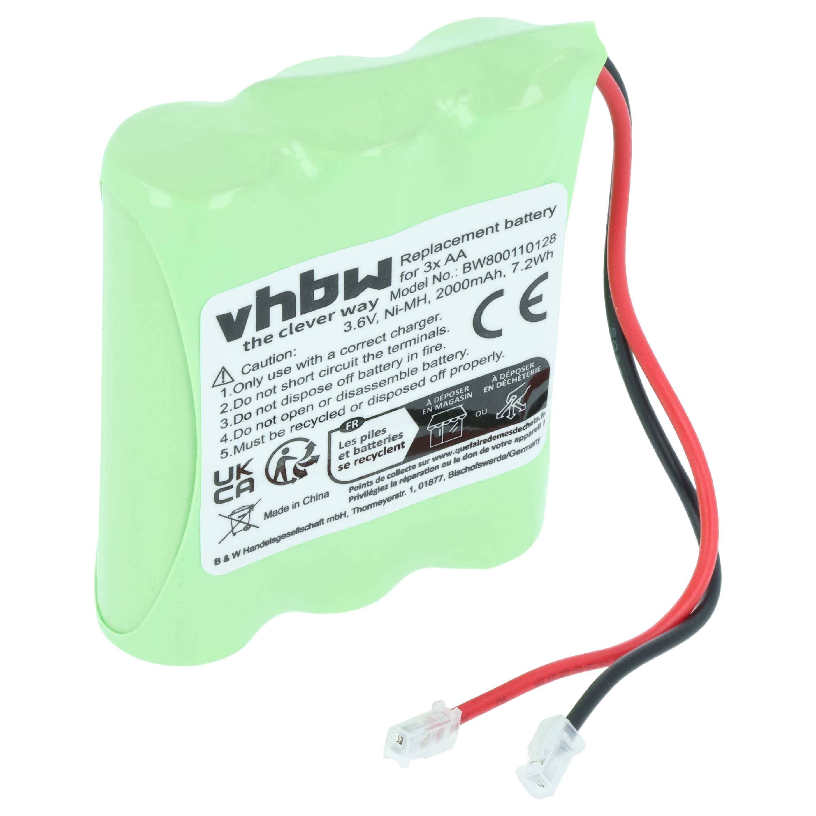 Grünes wiederaufladbares Batteriepaket mit roten und schwarzen Drähten und Steckern, mit der Bezeichnung „vhbw