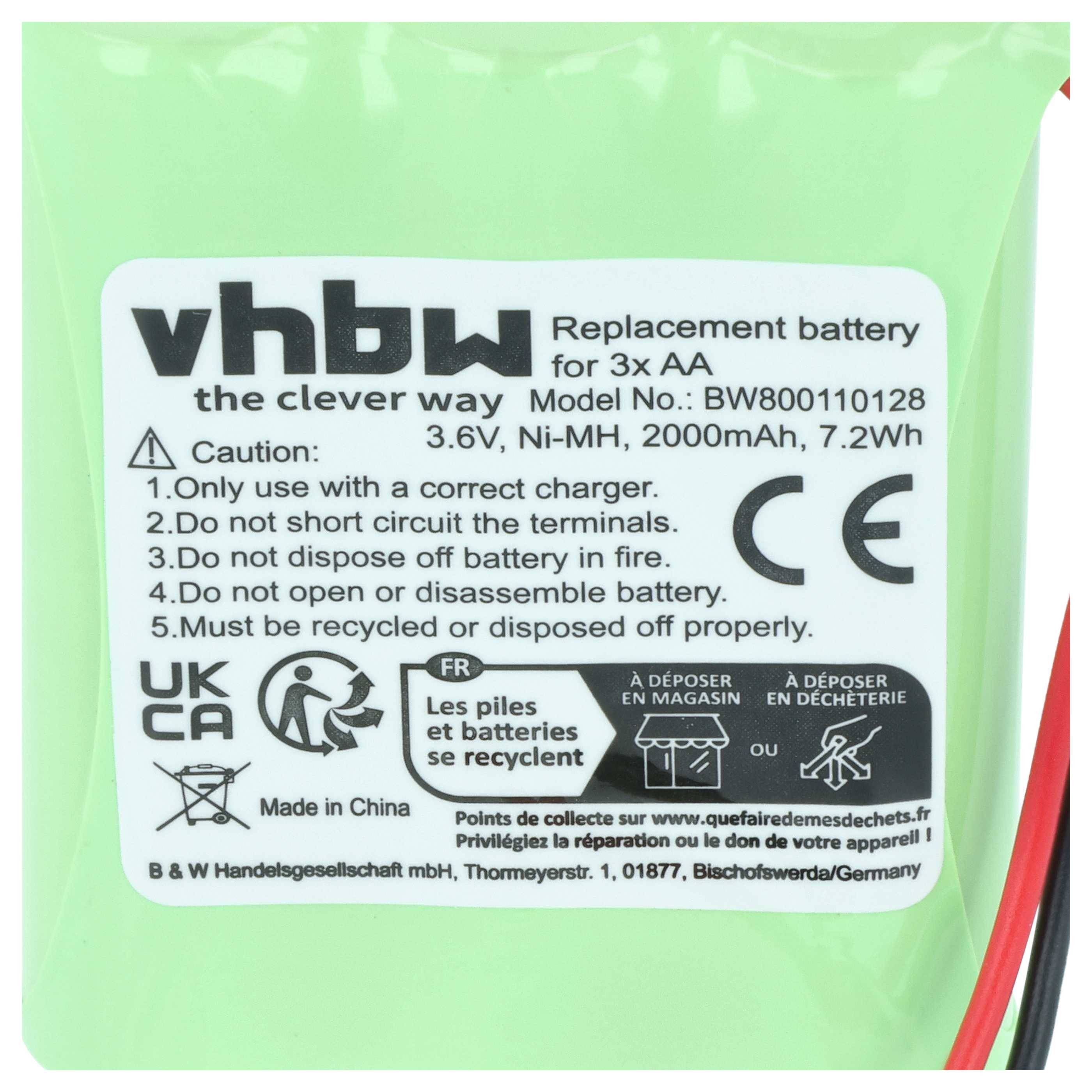 Grüner vhbw Ersatz-Batteriepack für 3x AA, gekennzeichnet 3,6V Ni-MH 2000mAh mit Sicherheitswarnungen und Recycling-Symbolen.