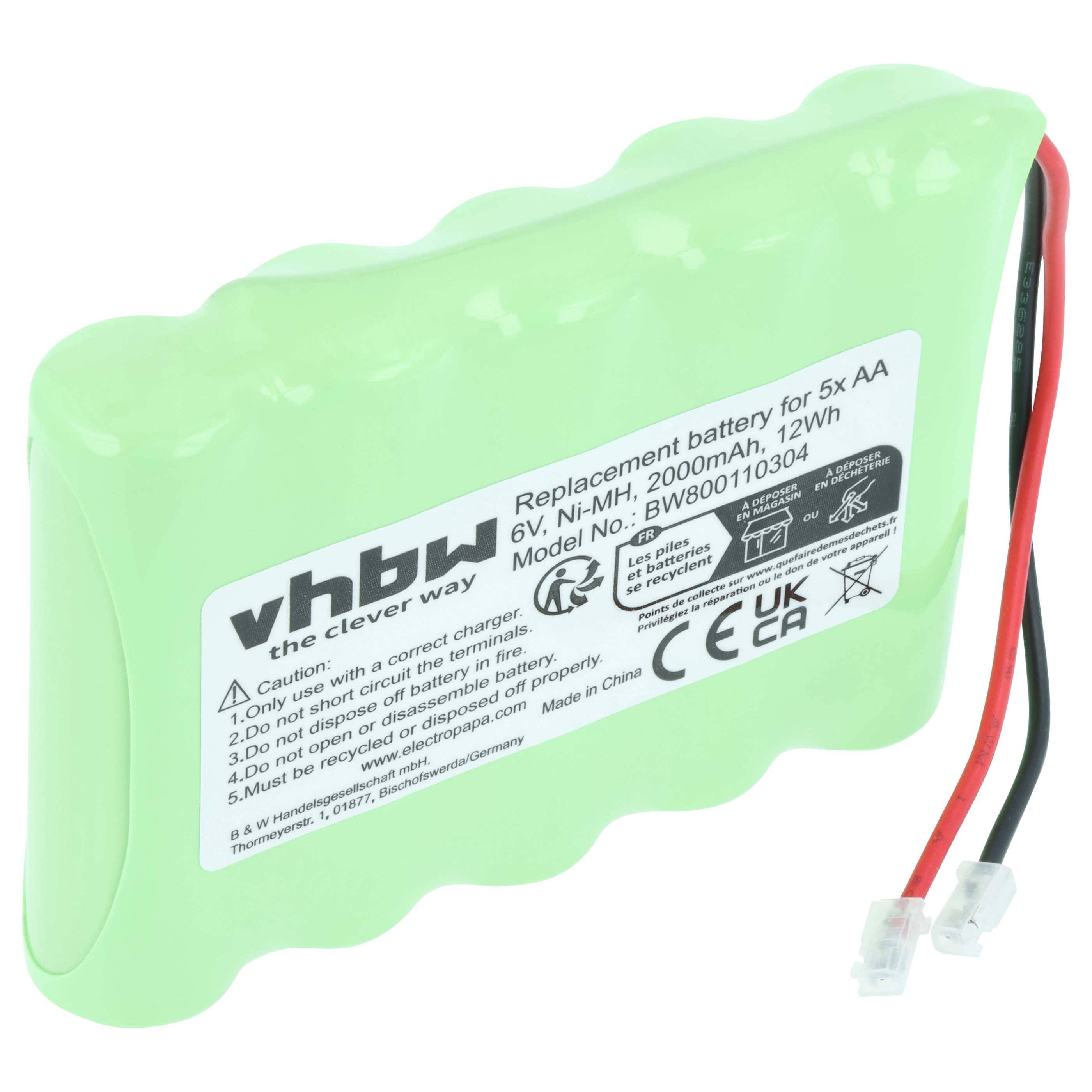 Grüner wiederaufladbarer Batteriepack mit roten und schwarzen Anschlussdrähten, gekennzeichnet mit „vhbw