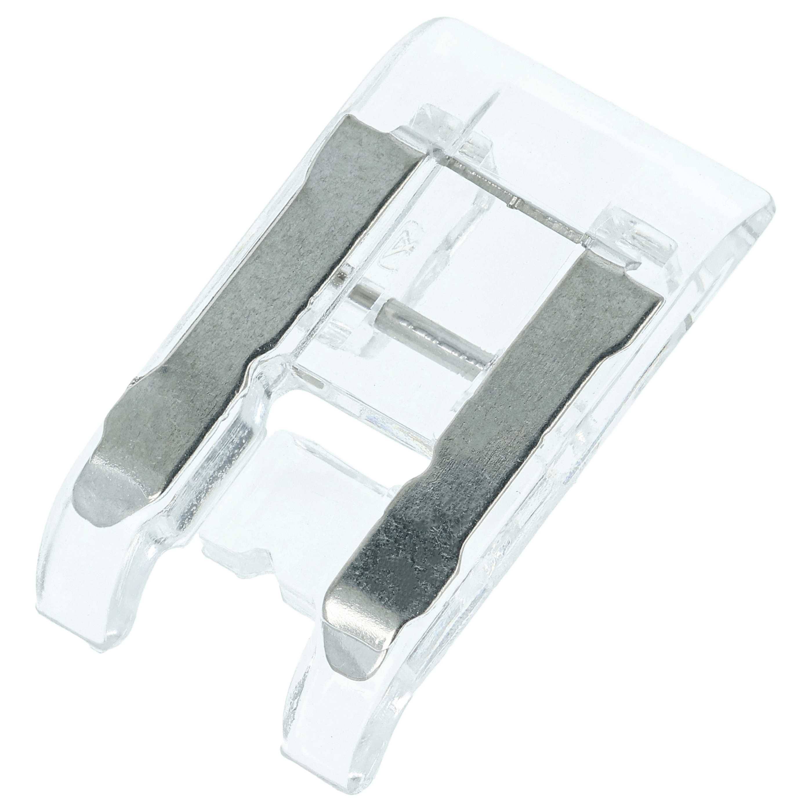 Ein transparenter Nähmaschinen-Pressfuß mit Metallstangen, der zum Halten des Stoffes beim Nähen verwendet wird.