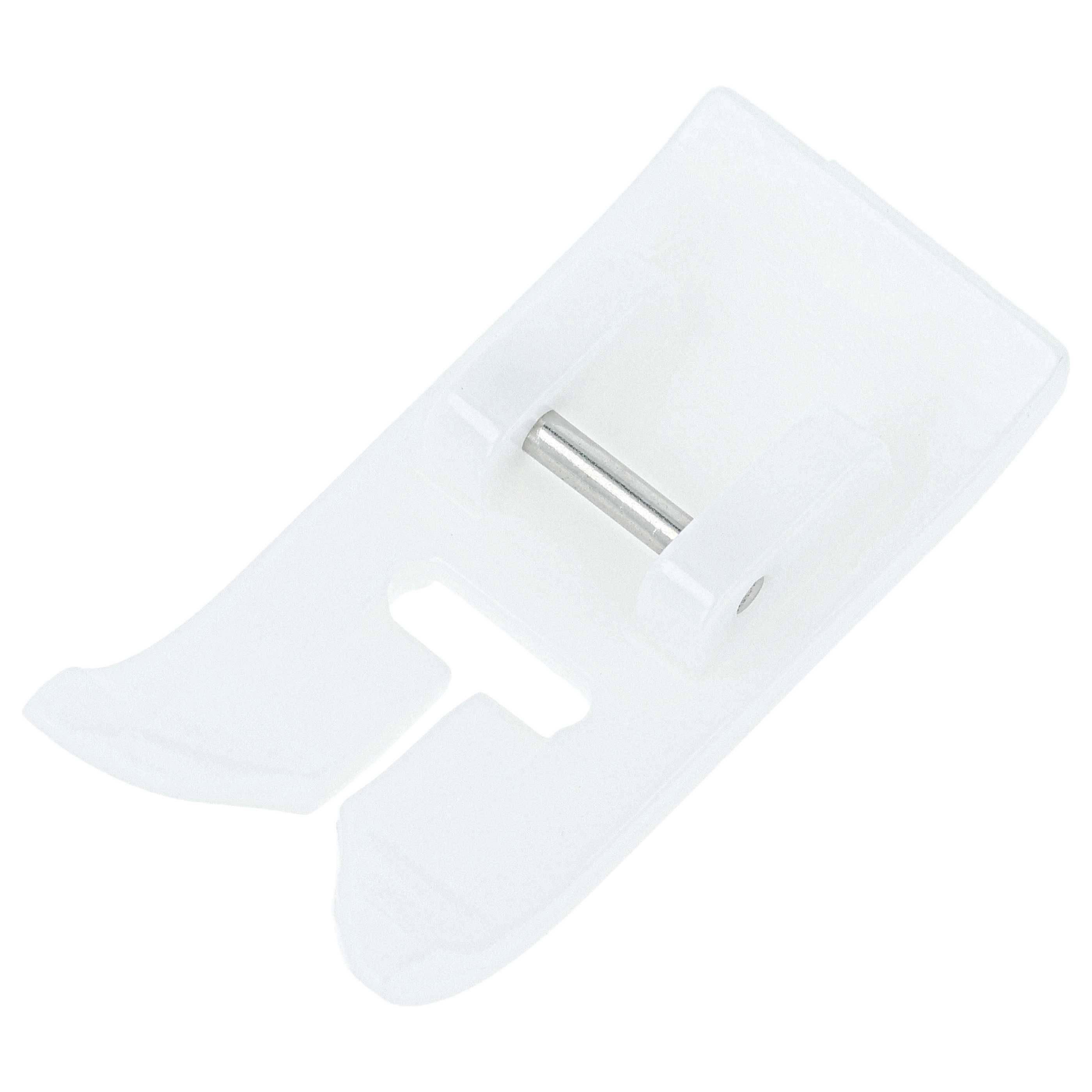 Ein transparenter Kunststoff-Nähfuß für Nähmaschinen, entwickelt zum Quilten und Nähen empfindlicher Stoffe.