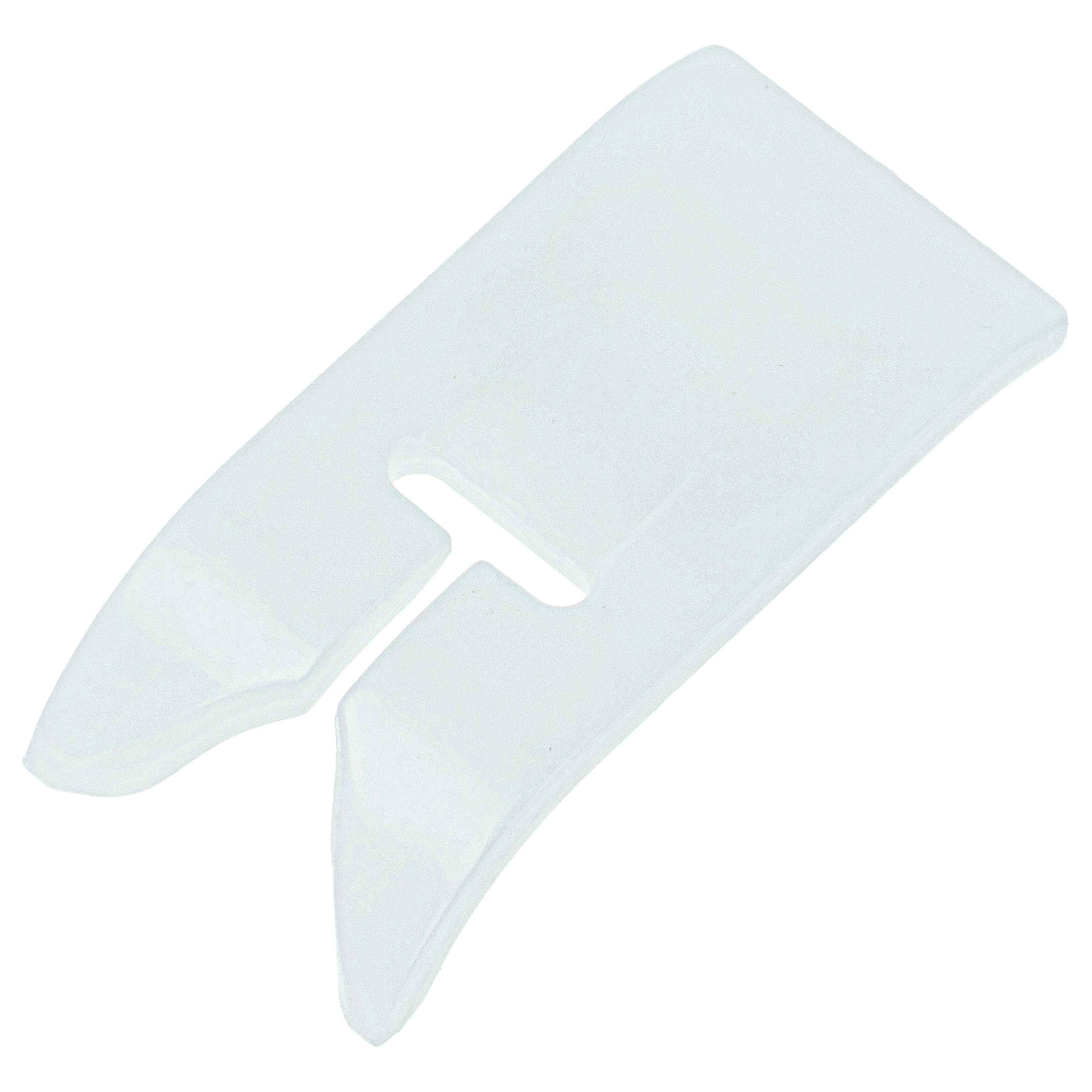 Kunststoffkeilvormiger Gegenstand, weiß, mit einem zentralen Schlitz, verwendet als Keilverschlussanzeiger zum Sichern von Einsteckschlössern.