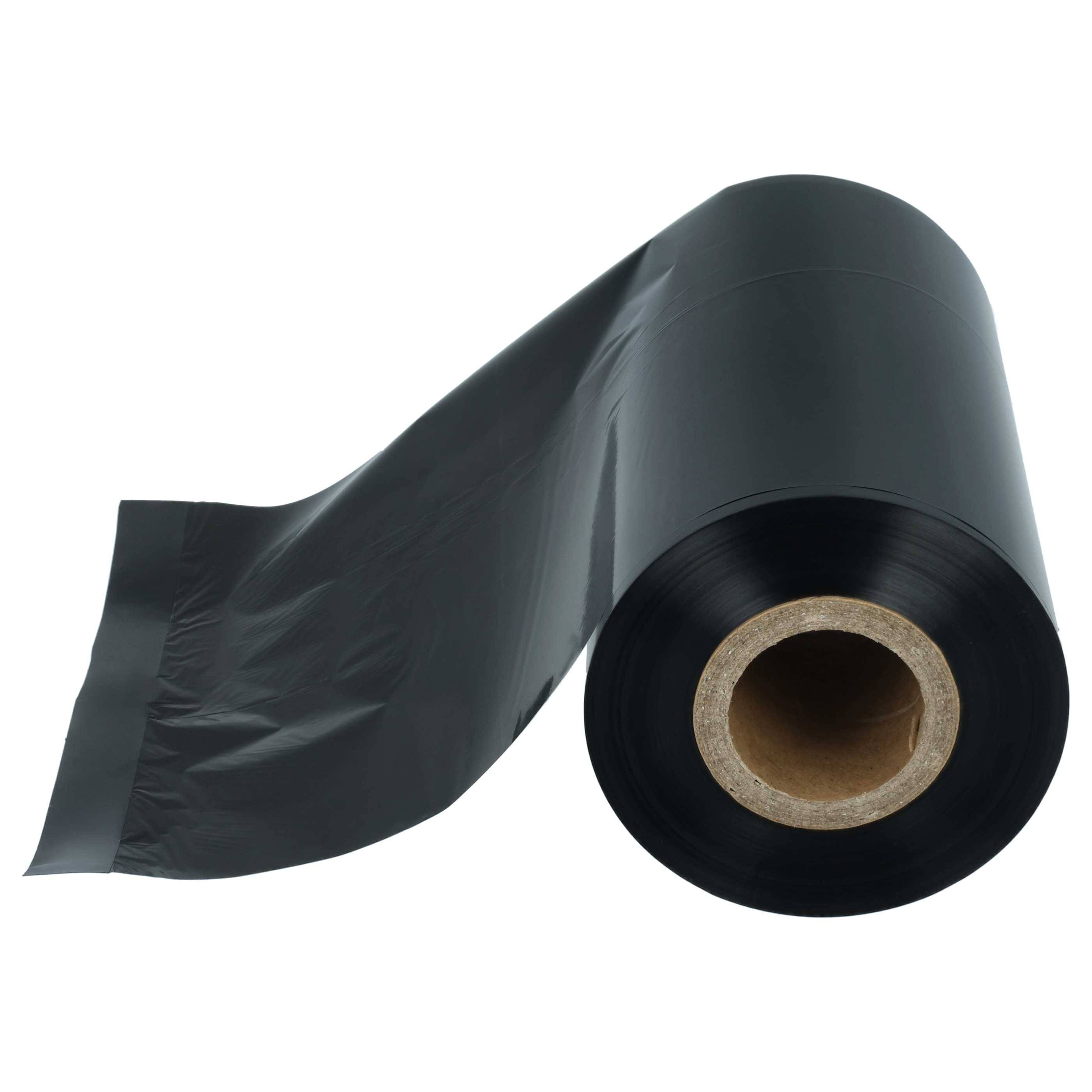 Eine Rolle schwarze Kunststofffolie, die sich auf weißem Hintergrund abwickelt.
