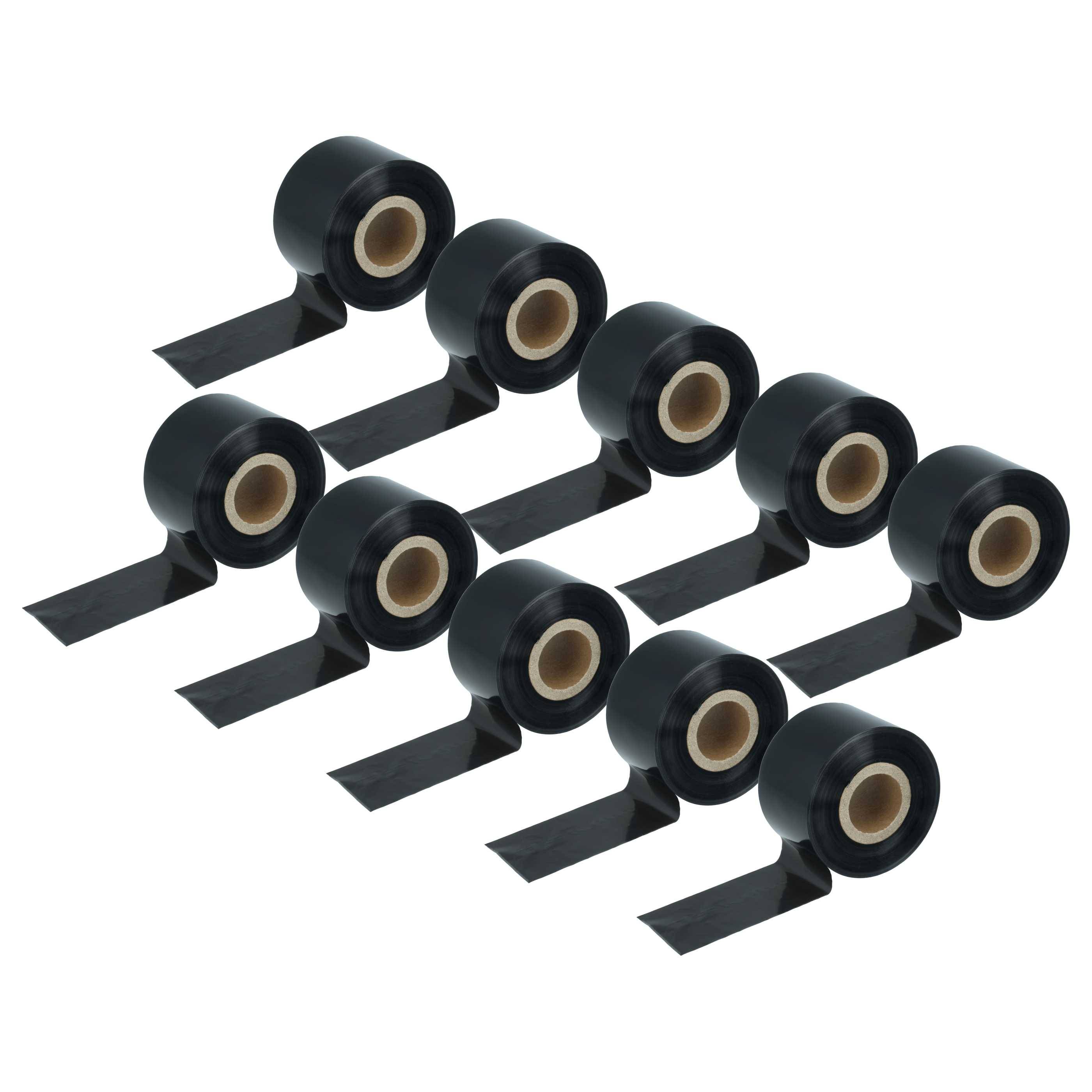 Neun Rollen schwarzes Klebeband in Reihen auf weißem Hintergrund angeordnet.
