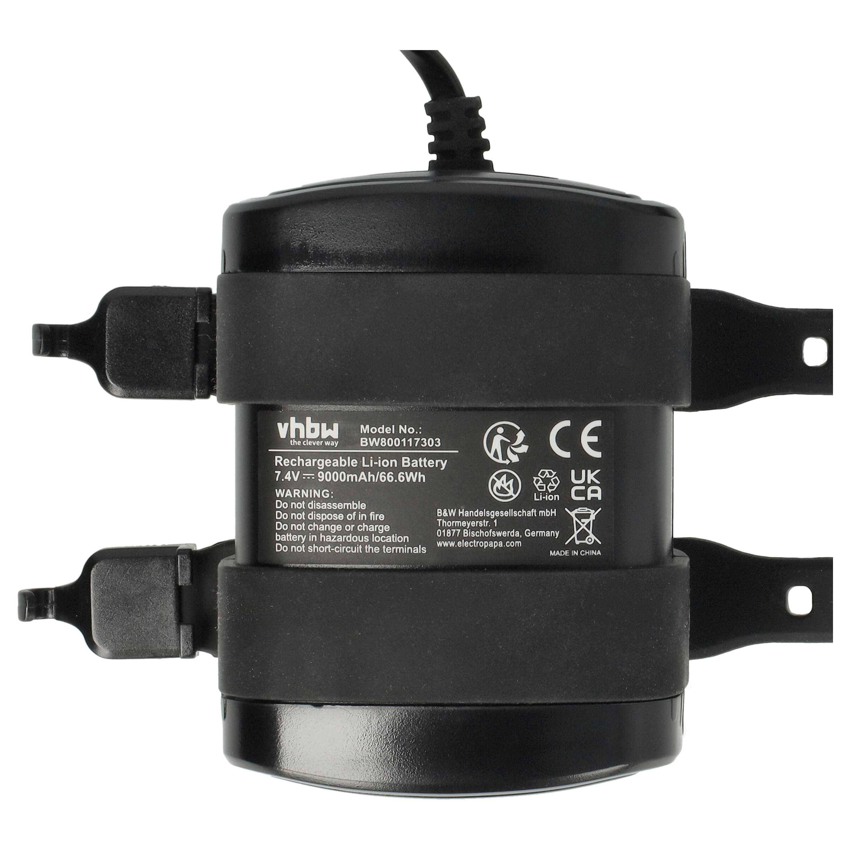 Schwarzes wiederaufladbares Li-Ionen-Akkupack mit seitlichen Montageklammern und Kabel, gekennzeichnet mit 7,4V, 2400mAh, auf weißem Hintergrund.