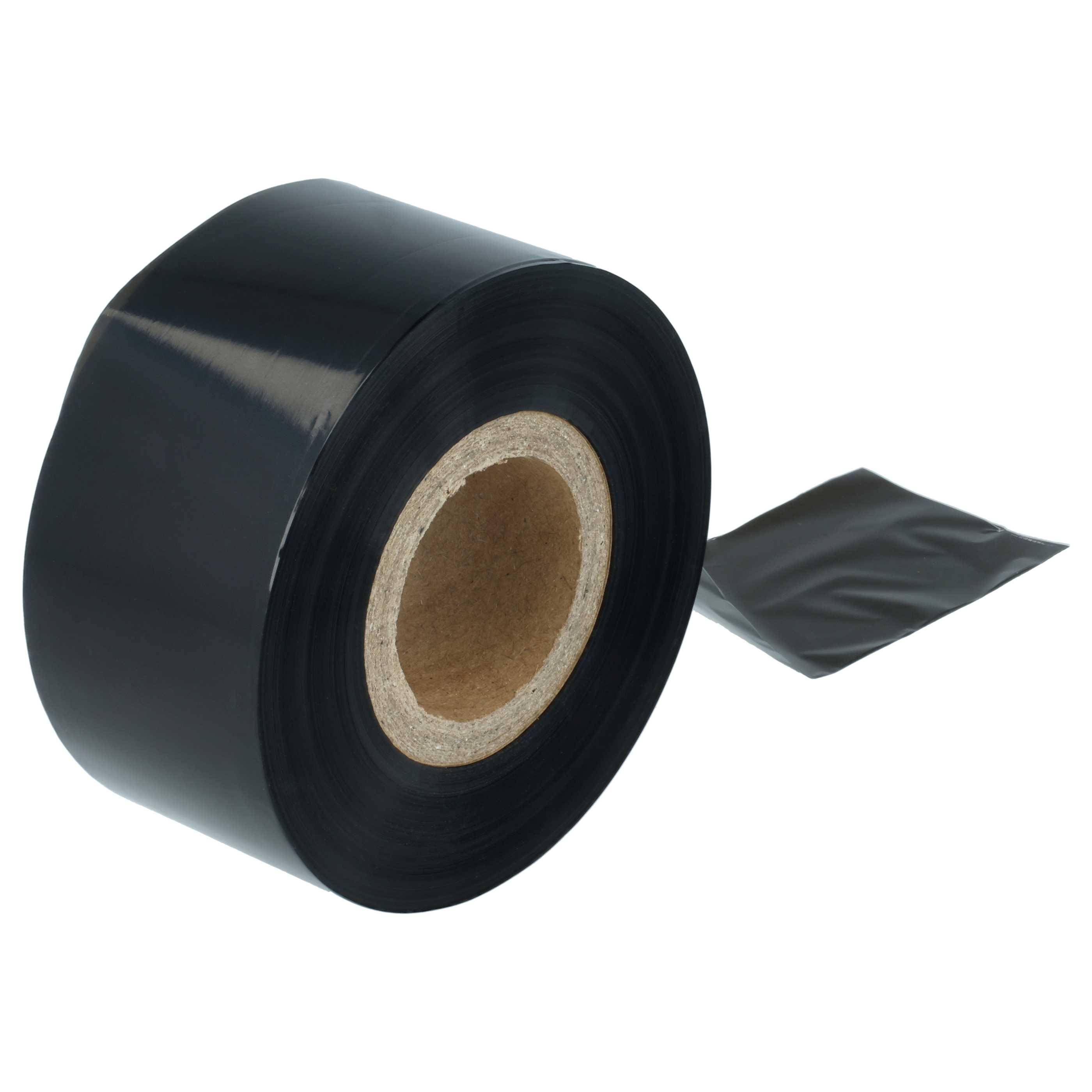 Großes schwarzes Klebeband mit einem lockeren Streifen, der sich von der Rolle auf weißem Hintergrund erstreckt.