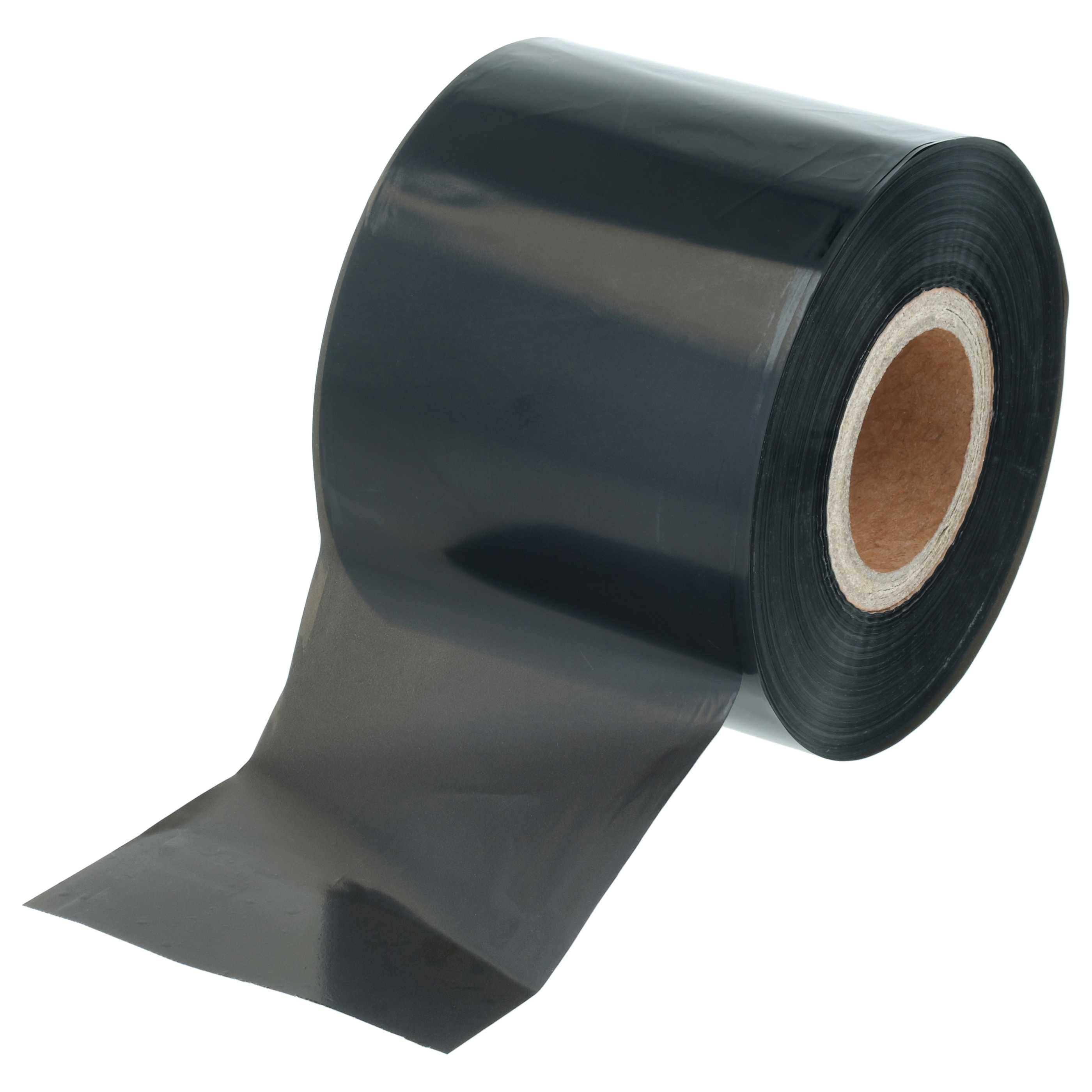 Eine Rolle schwarzes Isolierband teilweise abgerollt, wobei die Klebseite sichtbar ist, verwendet für Isolierung und Verbindungen bei elektrischen Arbeiten.