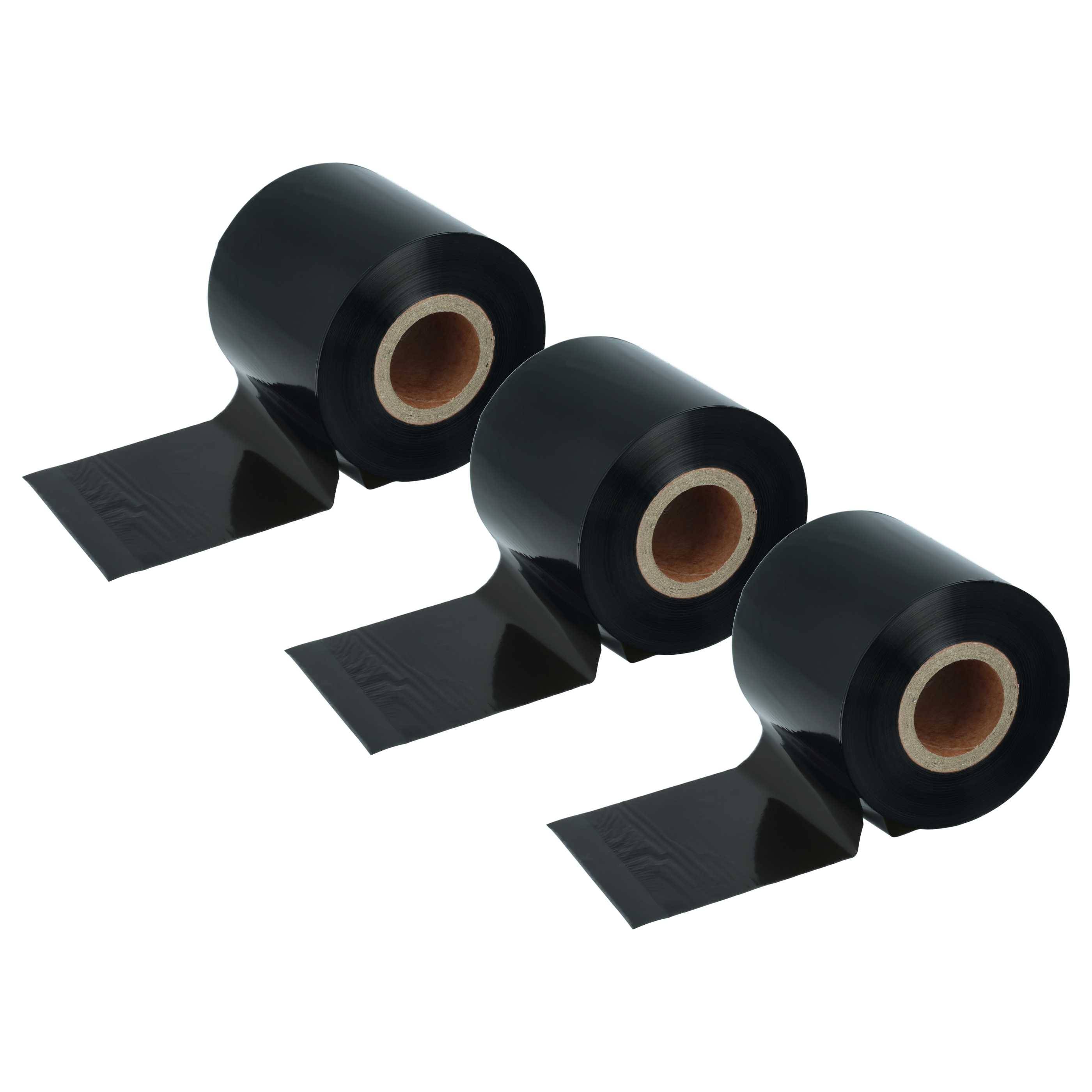 Drei schwarze Klebebandrolle mit losen Enden, gezeigt auf weißem Hintergrund.