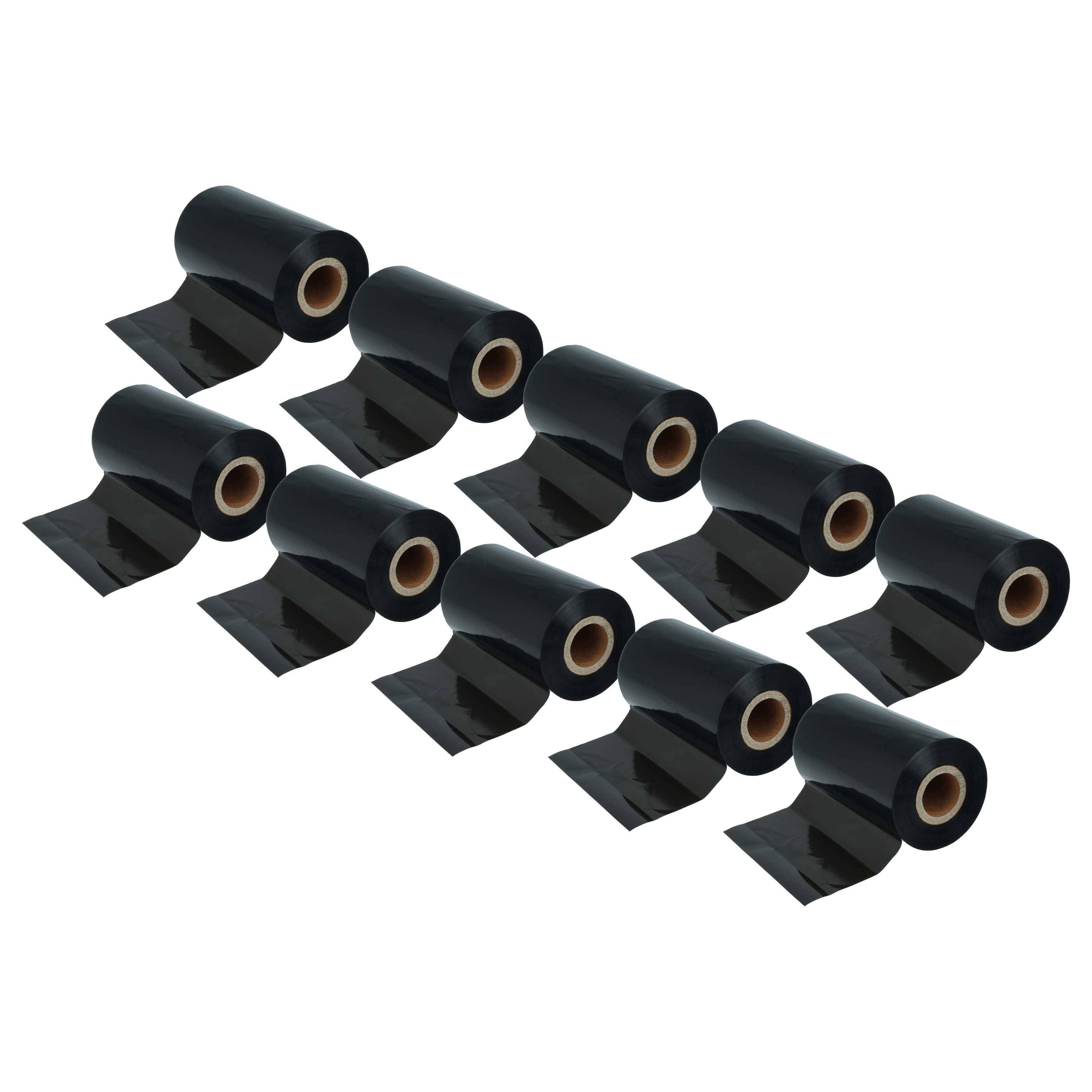 Neun schwarze Rollen Klebeband in gestaffelter Anordnung auf weißem Hintergrund.