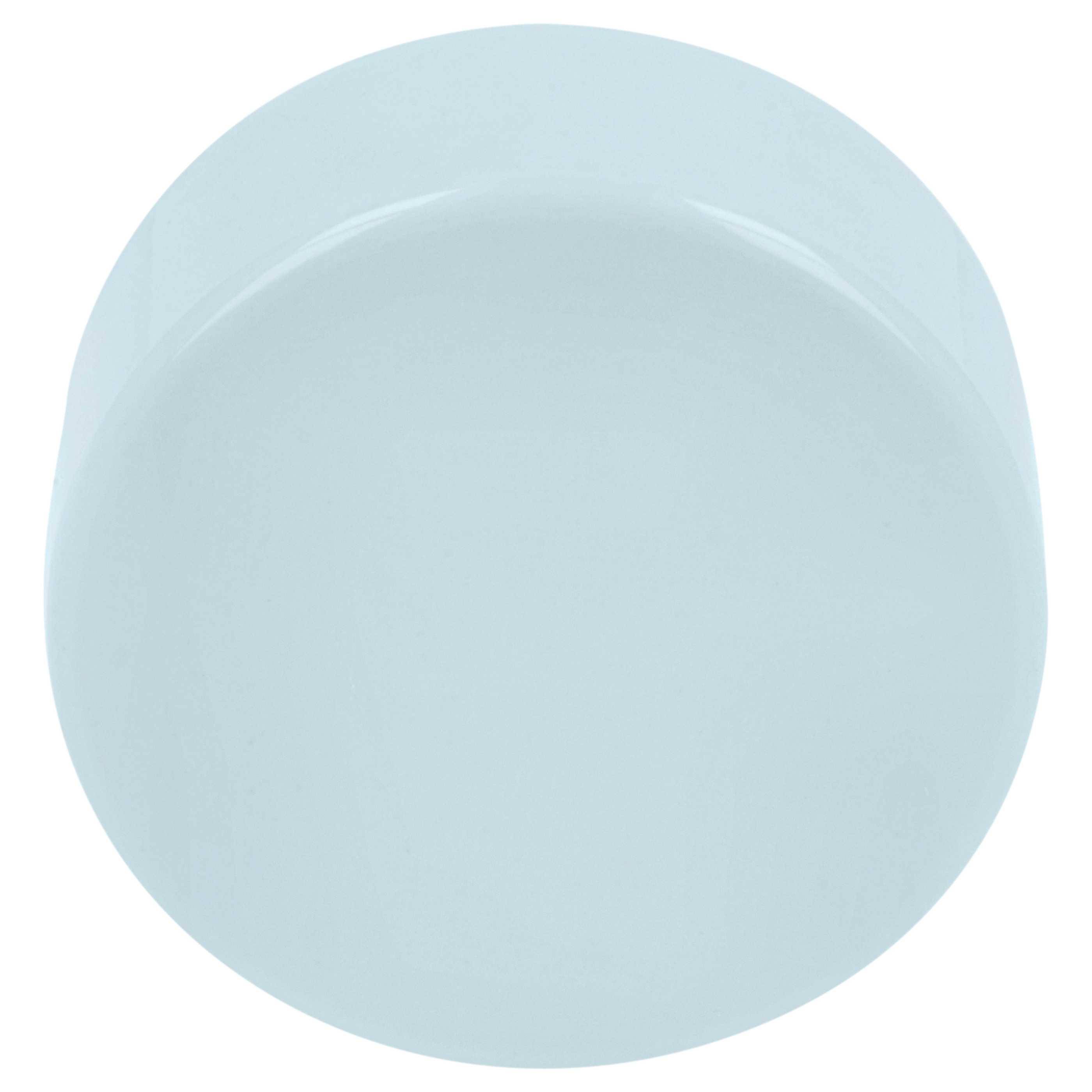 Ein einfacher, hellblauer, runder, glatter Gegenstand, möglicherweise ein Kunststoffdeckel oder eine Kappe, von oben gegen einen weißen Hintergrund gesehen.